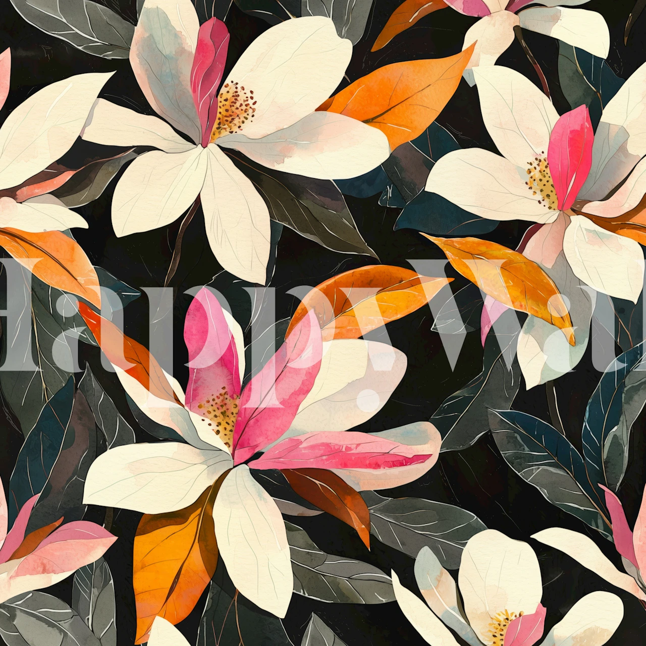 Magnolia flowers in pink and orange on black background wallpaper