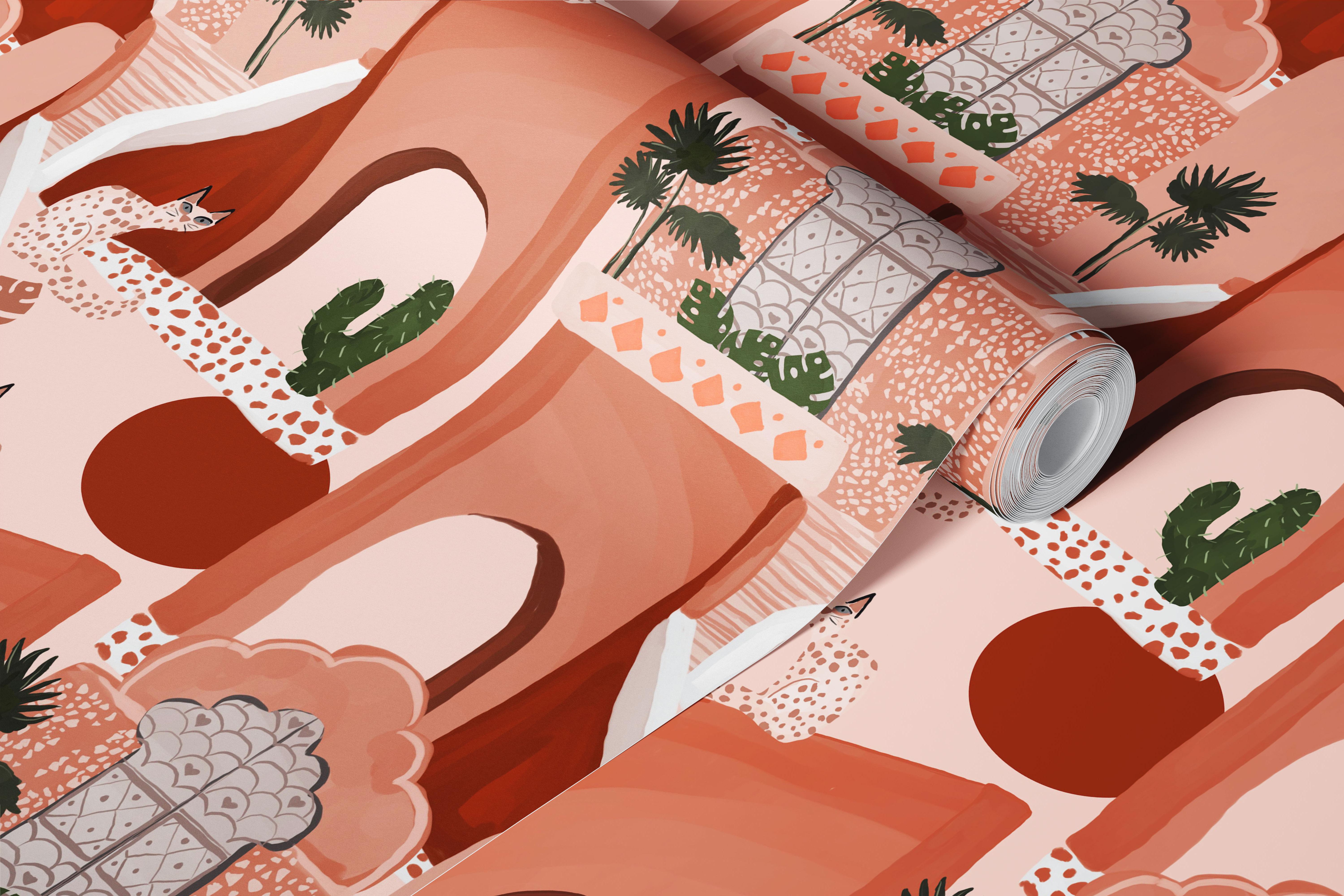 Desert-themed wallpaper featuring cats, earthy colors, artistic style