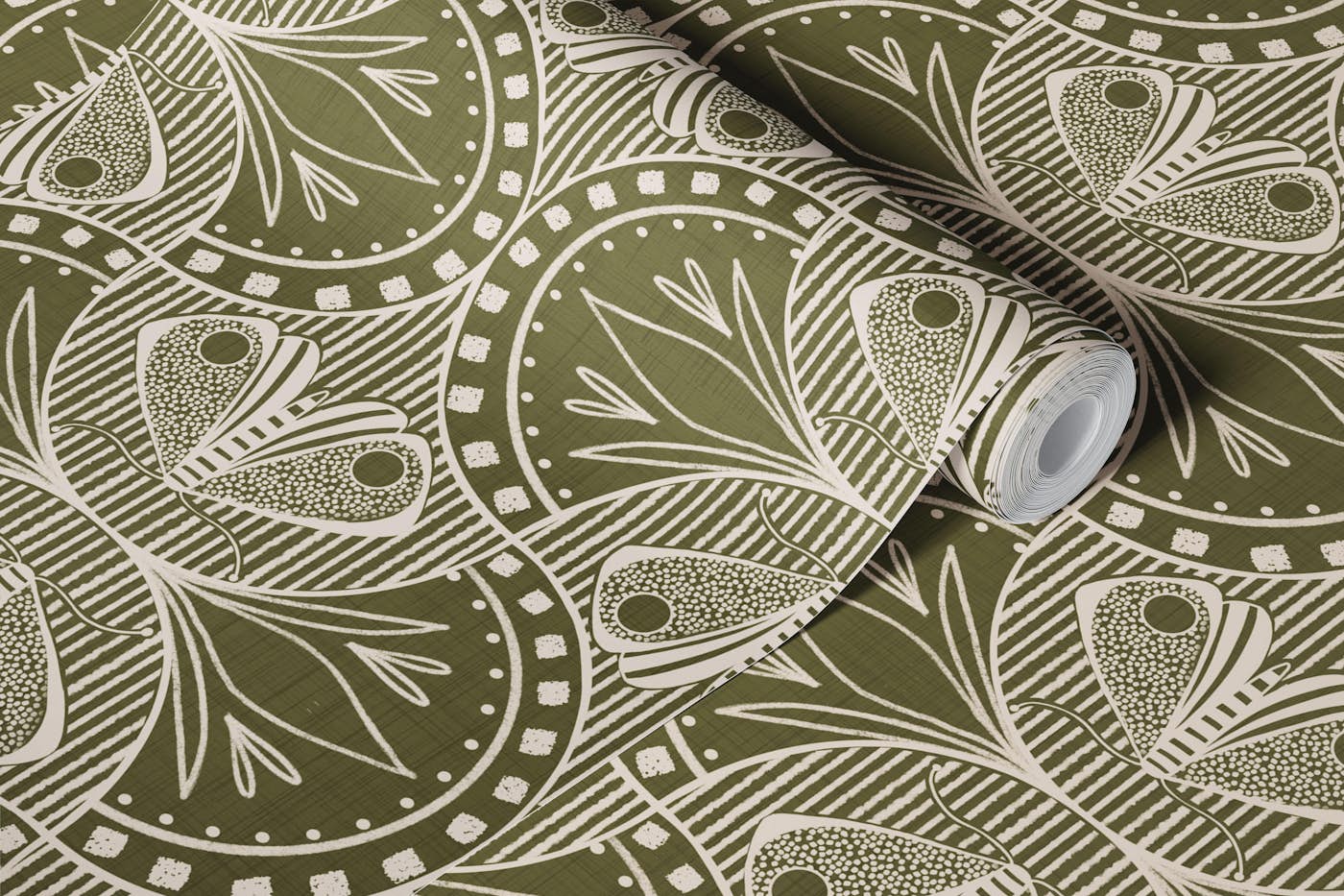 Art Nouveau Butterfly Floral in Olive Drab wallpaper roll