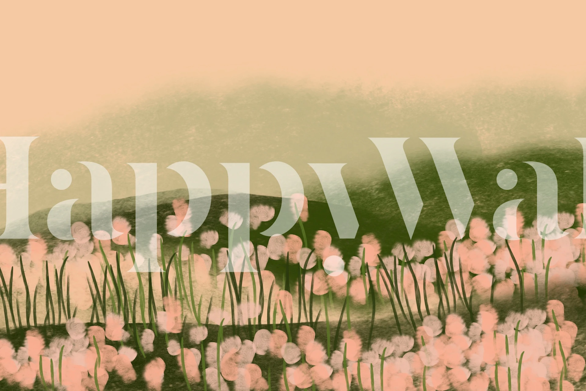 Soft floral landscape with pink flowers and green hills wallpaper