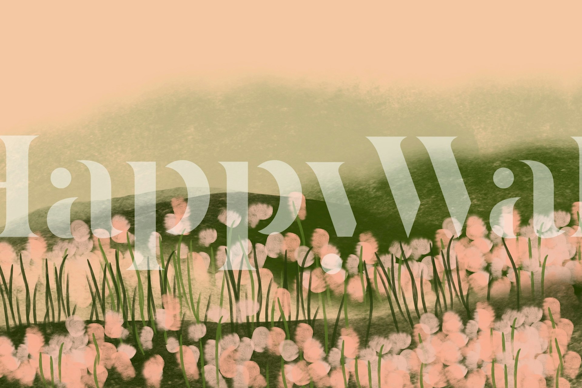 Soft floral landscape with pink flowers and green hills wallpaper