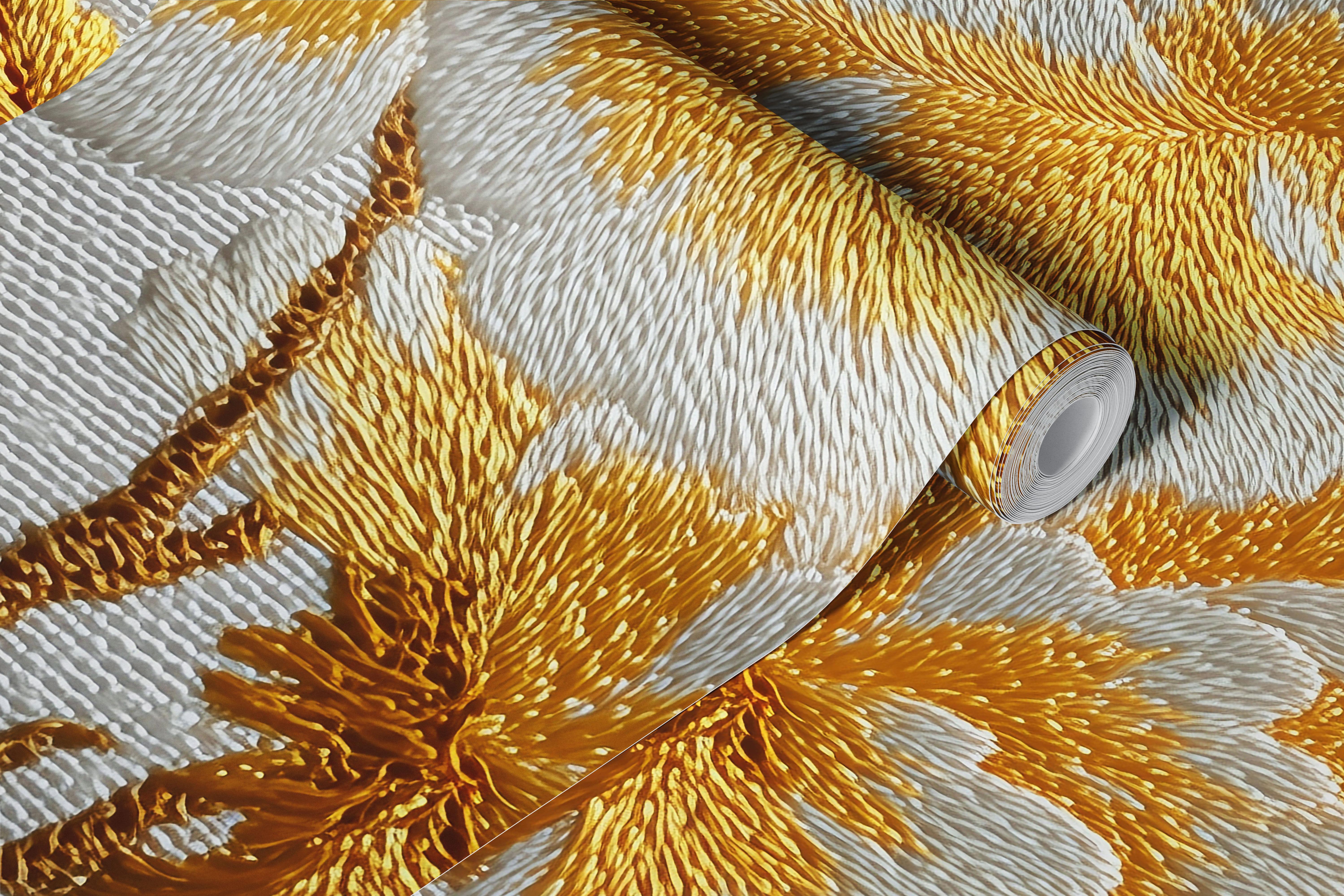 Yellow floral embroidery design with white and orange accents wallpaper