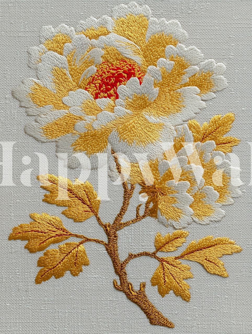 Yellow floral embroidery design with white and orange accents wallpaper