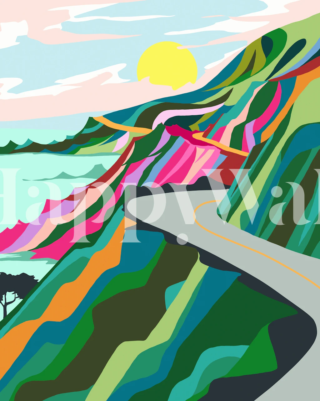 Vibrant wallpaper design of colorful hills and sun