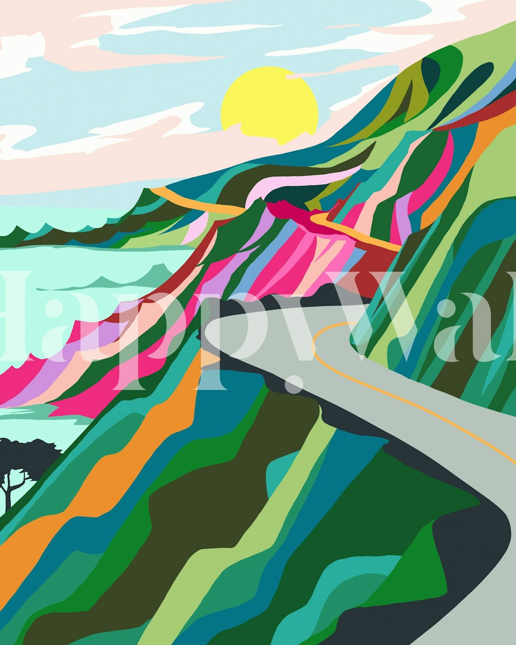 Lebhaftes Tapetdesign mit bunten Hügeln und Sonne