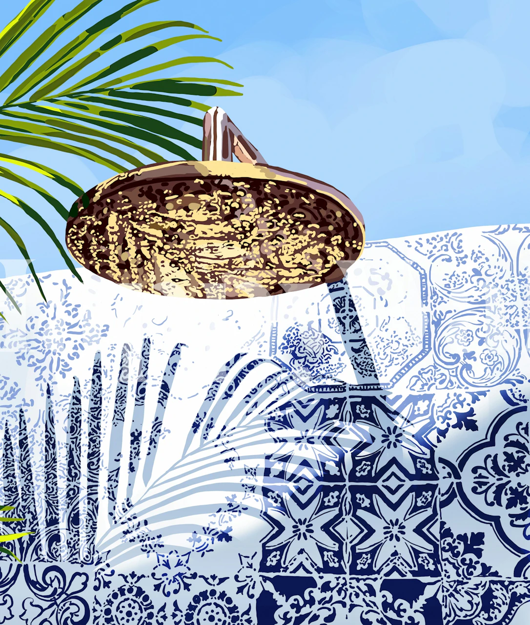 Tropical shower scene with blue and white floral and geometric tile wallpaper.