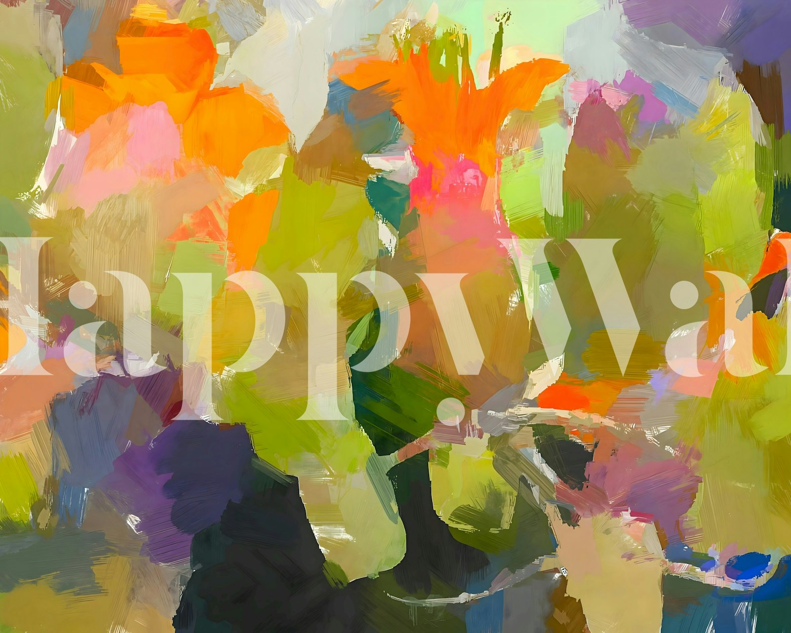 Vibrant brush stroke floral wallpaper with orange, pink, green, and purple colors