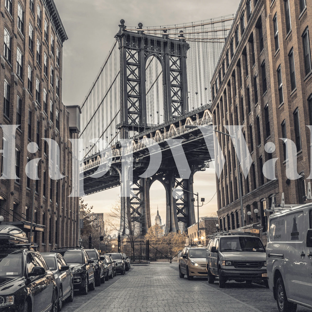 Historic Manhattan Bridge in grayscale, urban setting wallpaper