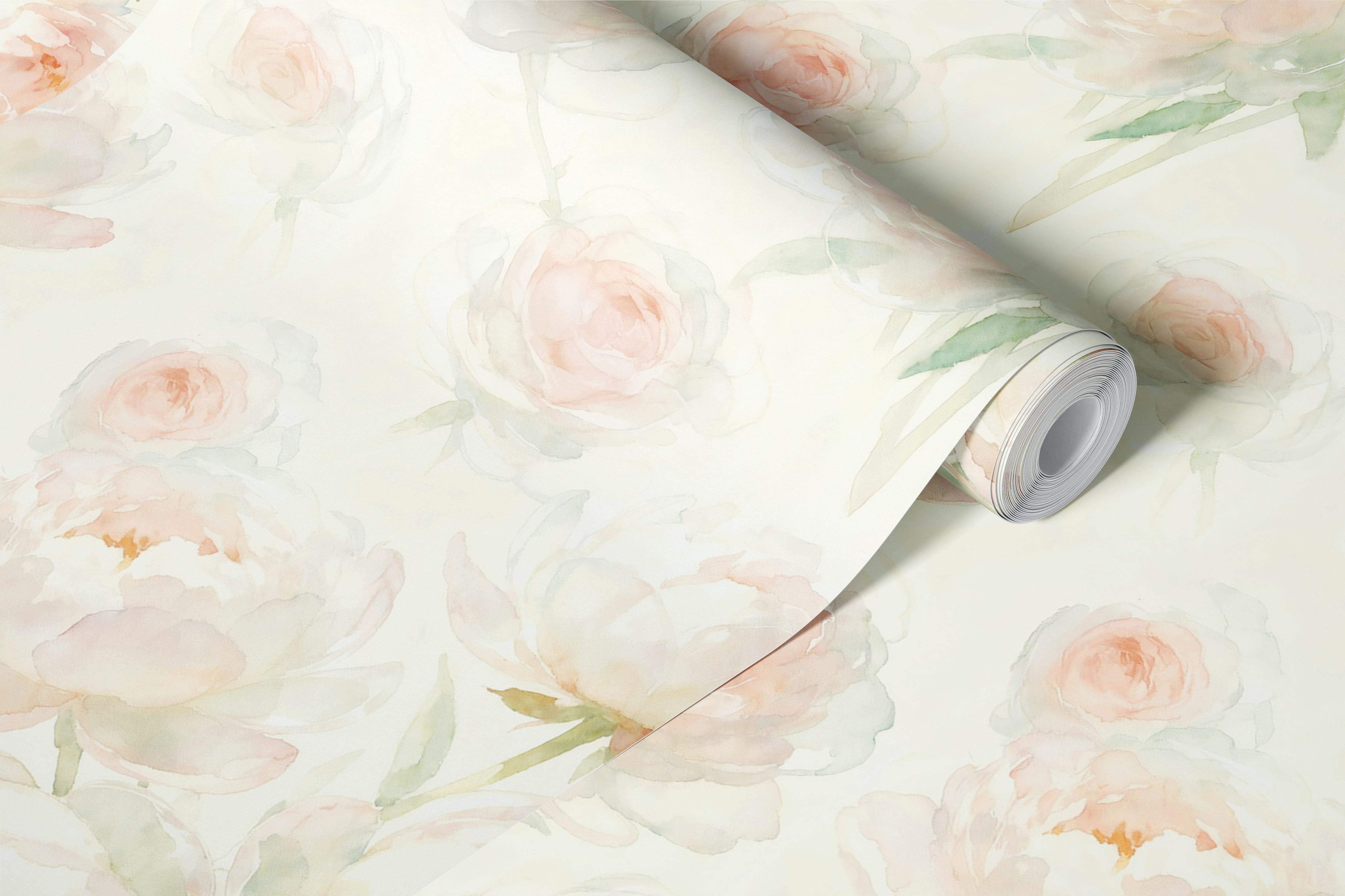 Soft blush and white roses with green leaves wallpaper