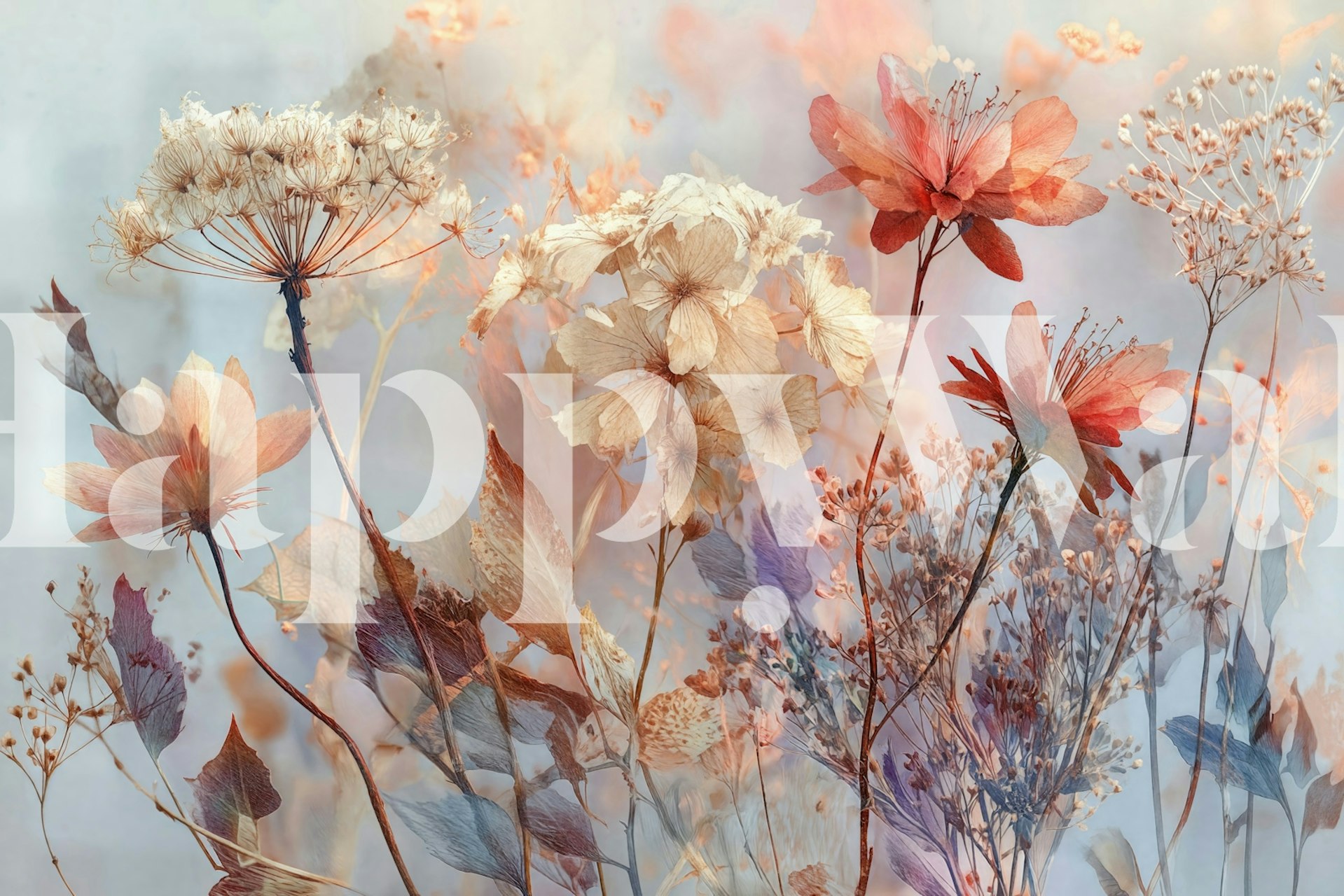 Delicate pastel flowers in pink, white, and peach; floral wallpaper