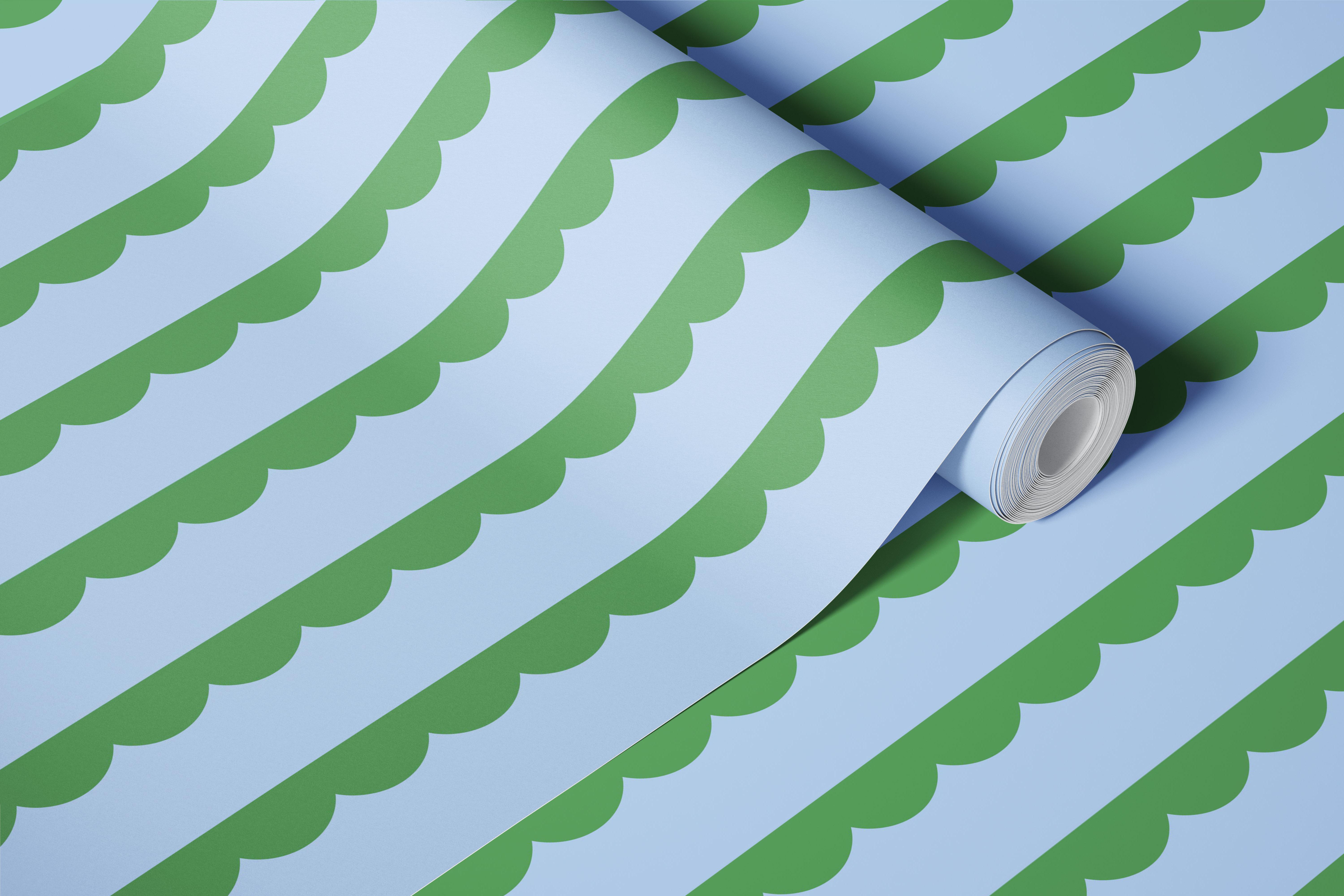 Blue and green scallop striped wallpaper design