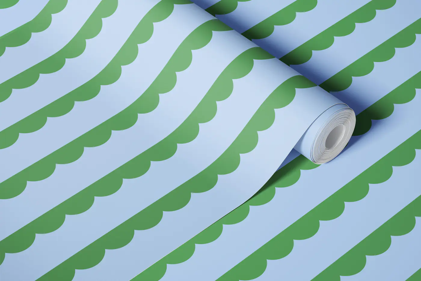 Blue and green scallop stripes wallpaper roll