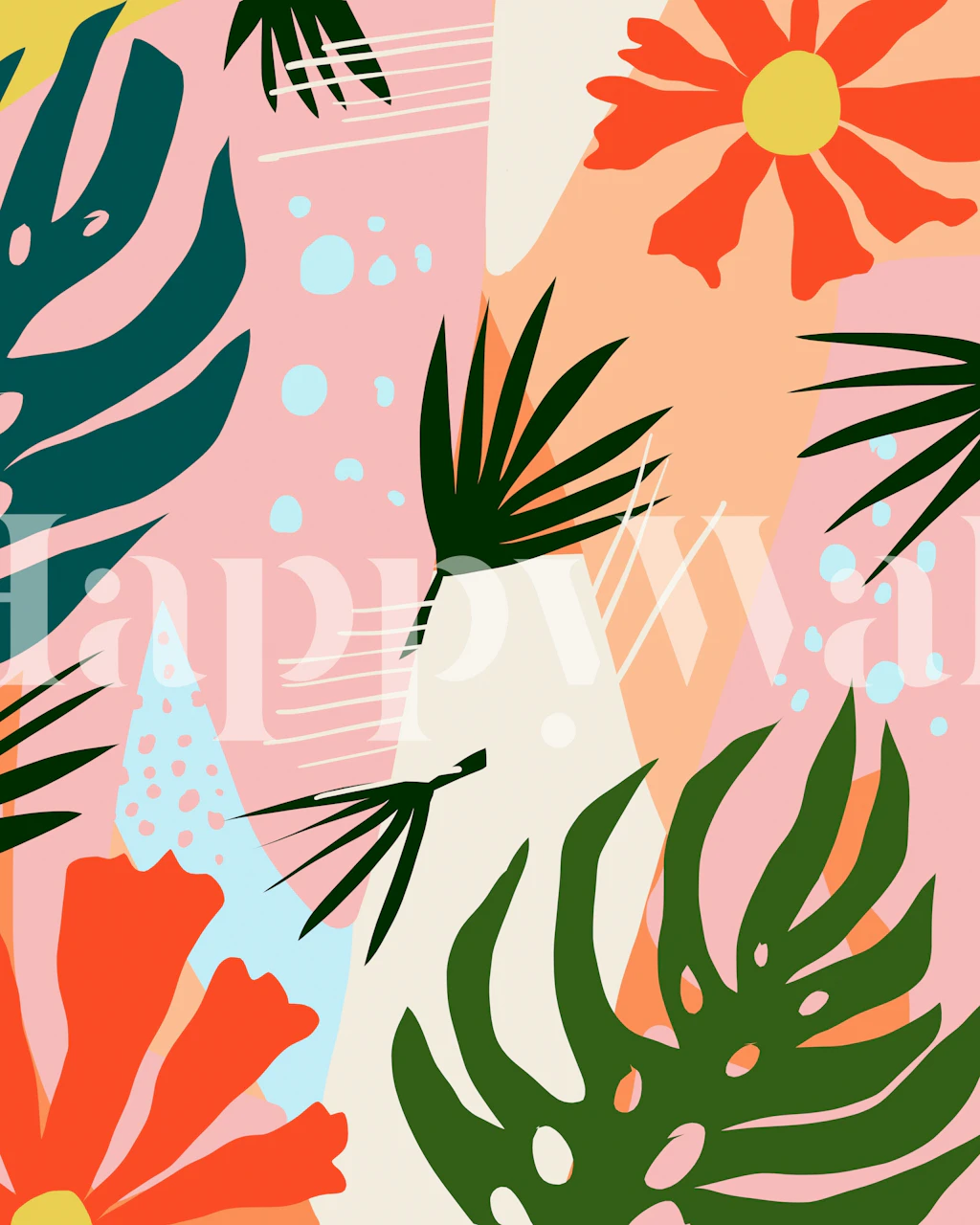 Tropical floral pattern with green leaves and pink background wallpaper