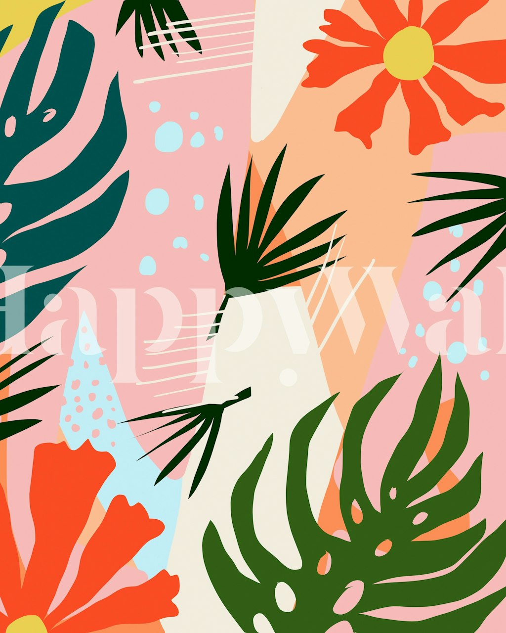 Tropical floral pattern with green leaves and pink background wallpaper