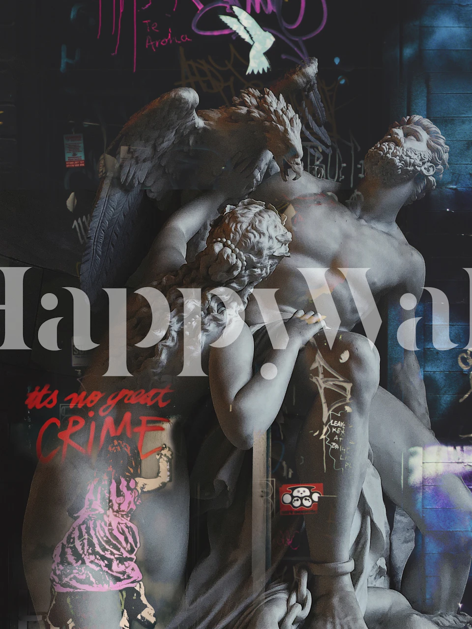 Colorful street art scenes with angels and graffiti wallpaper