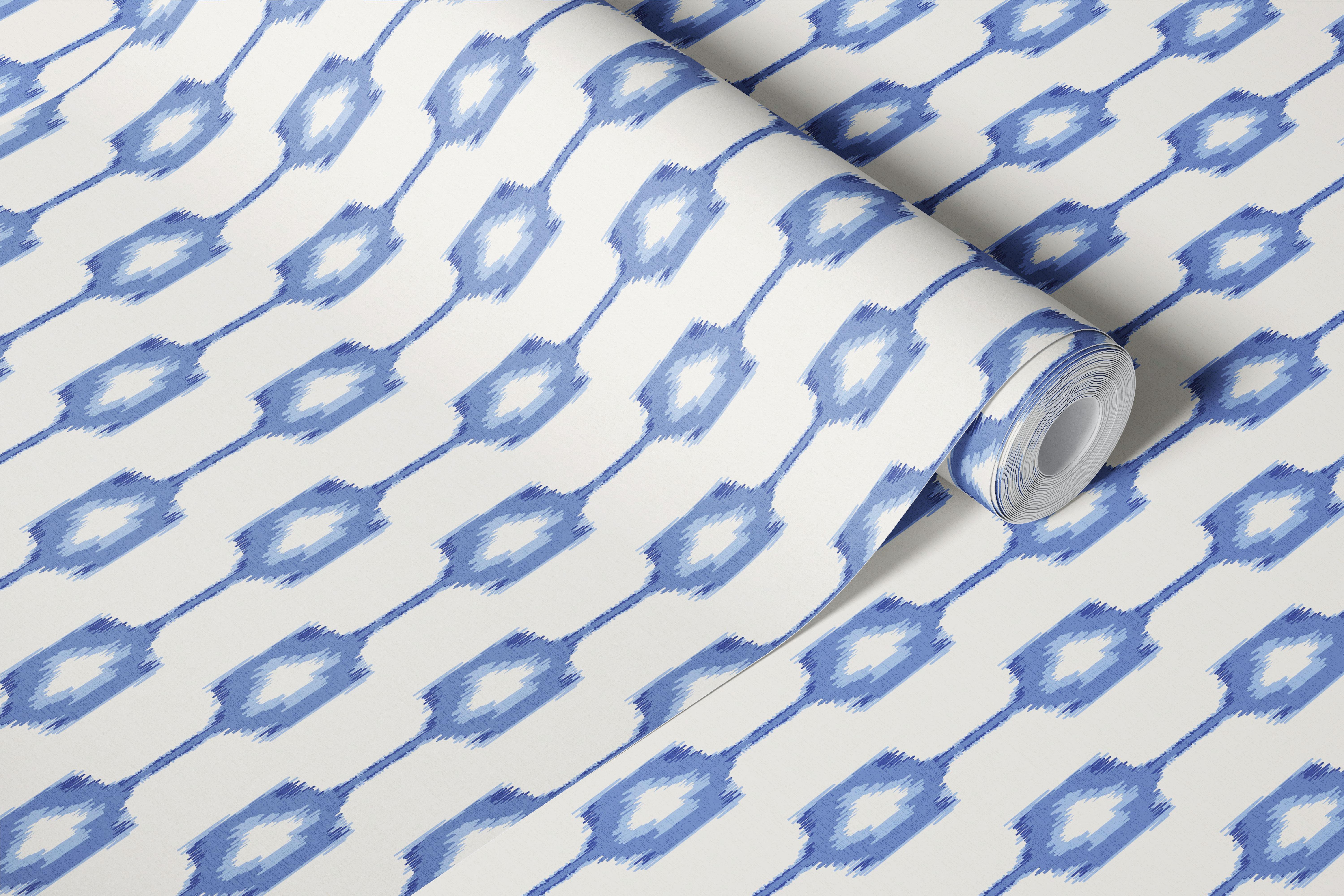 Ikat inspired stripes sapphire blue wallpaper in a room