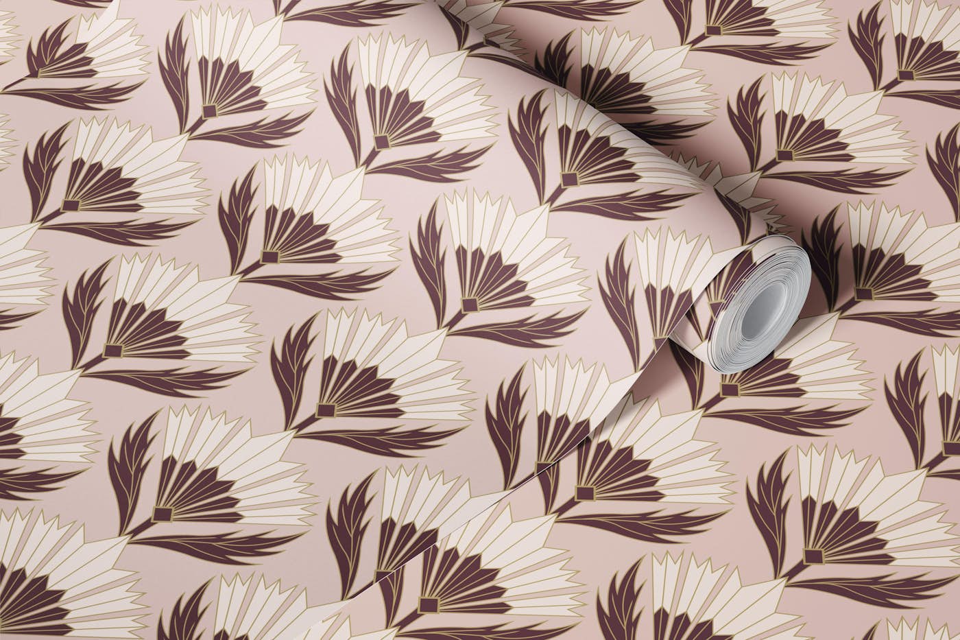 Retro Art Deco Flower -Deep Maroon Dusty Pink wallpaper roll