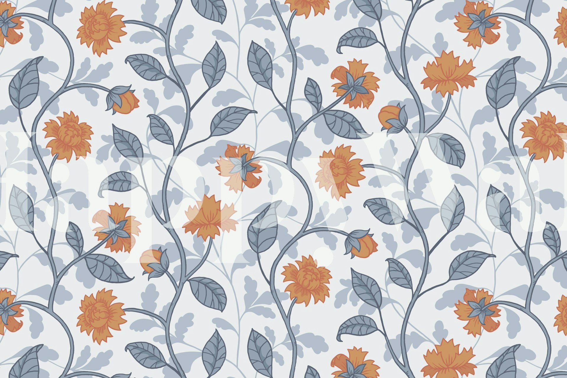 Blue and orange floral pattern wallpaper with leaves