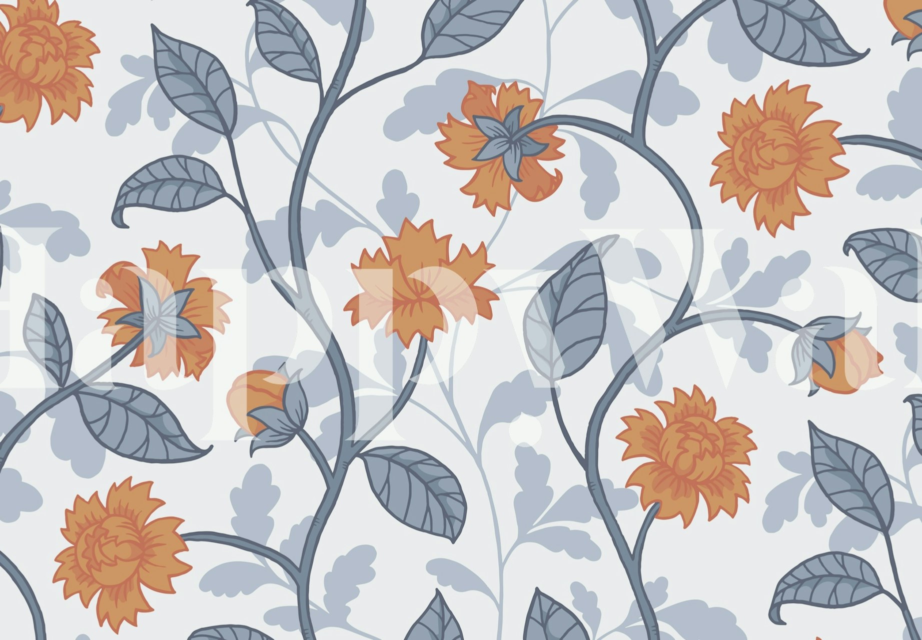 Amanda blue and orange floral ταπετσαρία σε ένα δωμάτιο