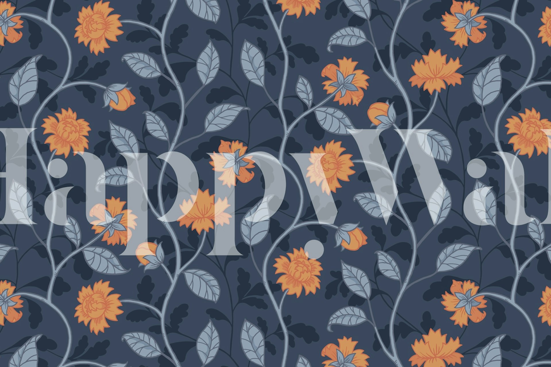 Dark blue floral wallpaper with orange flowers and green leaves. Decorative botanical design wallpaper.