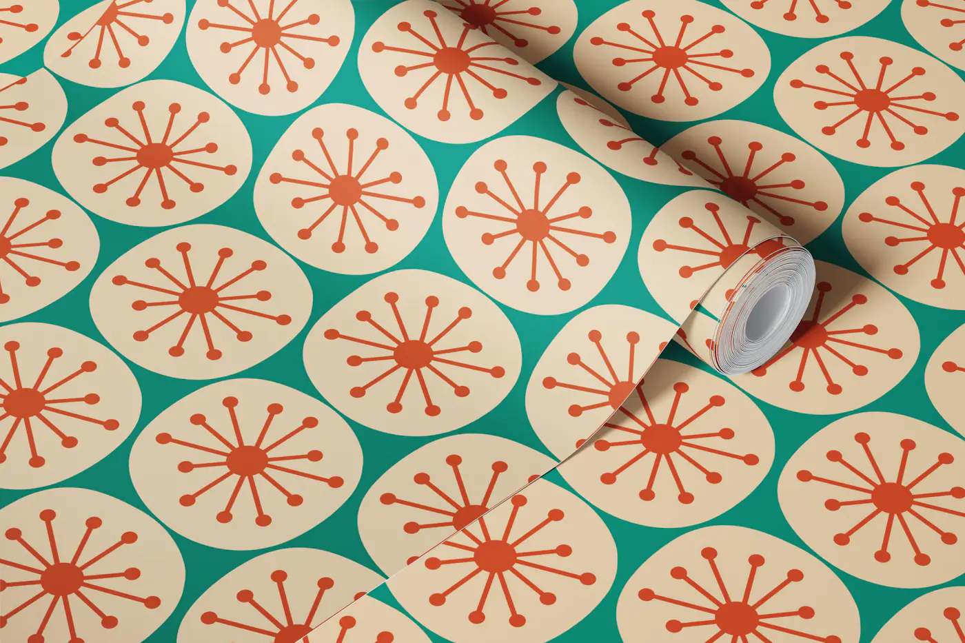 Mid Century Modern Atomic Dots Orange Teal wallpaper roll
