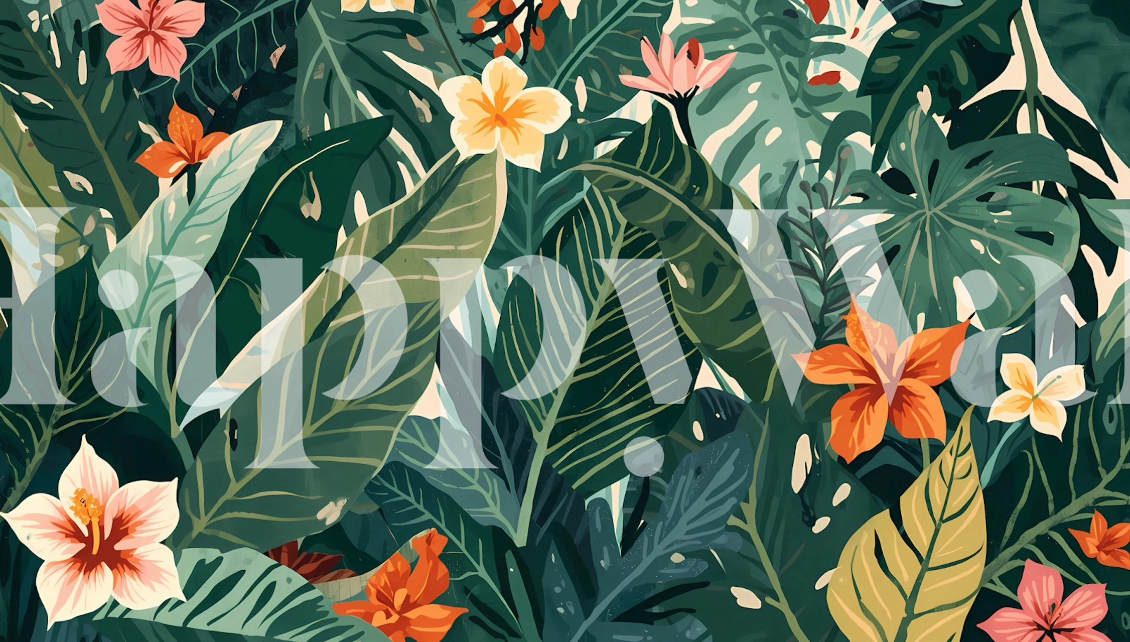 Tropical floral leaves wallpaper in green, orange, and pink colors