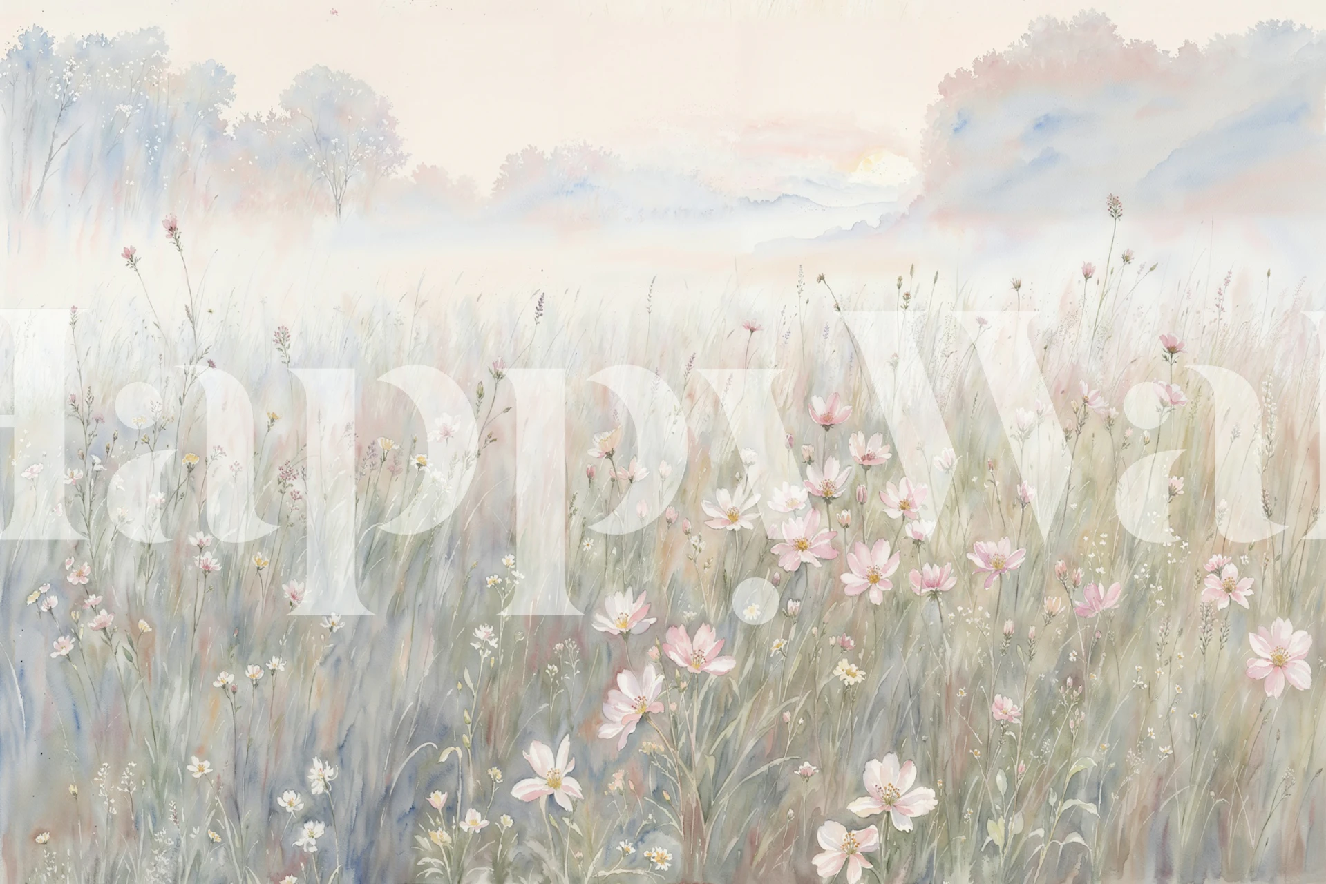 Morning Meadow Bliss bloemenbehang in een kamer