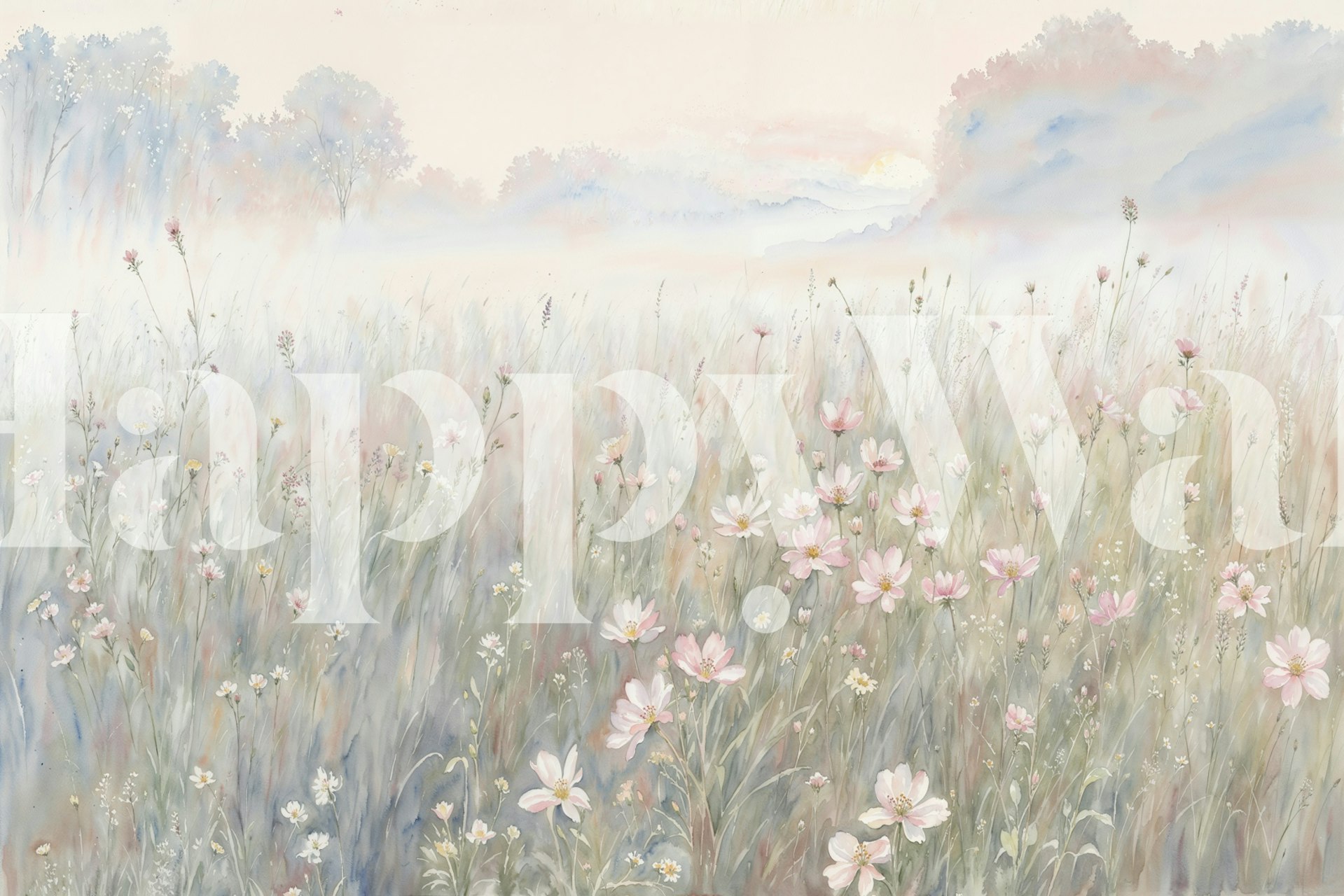 Morning Meadow Bliss bloemenbehang in een kamer