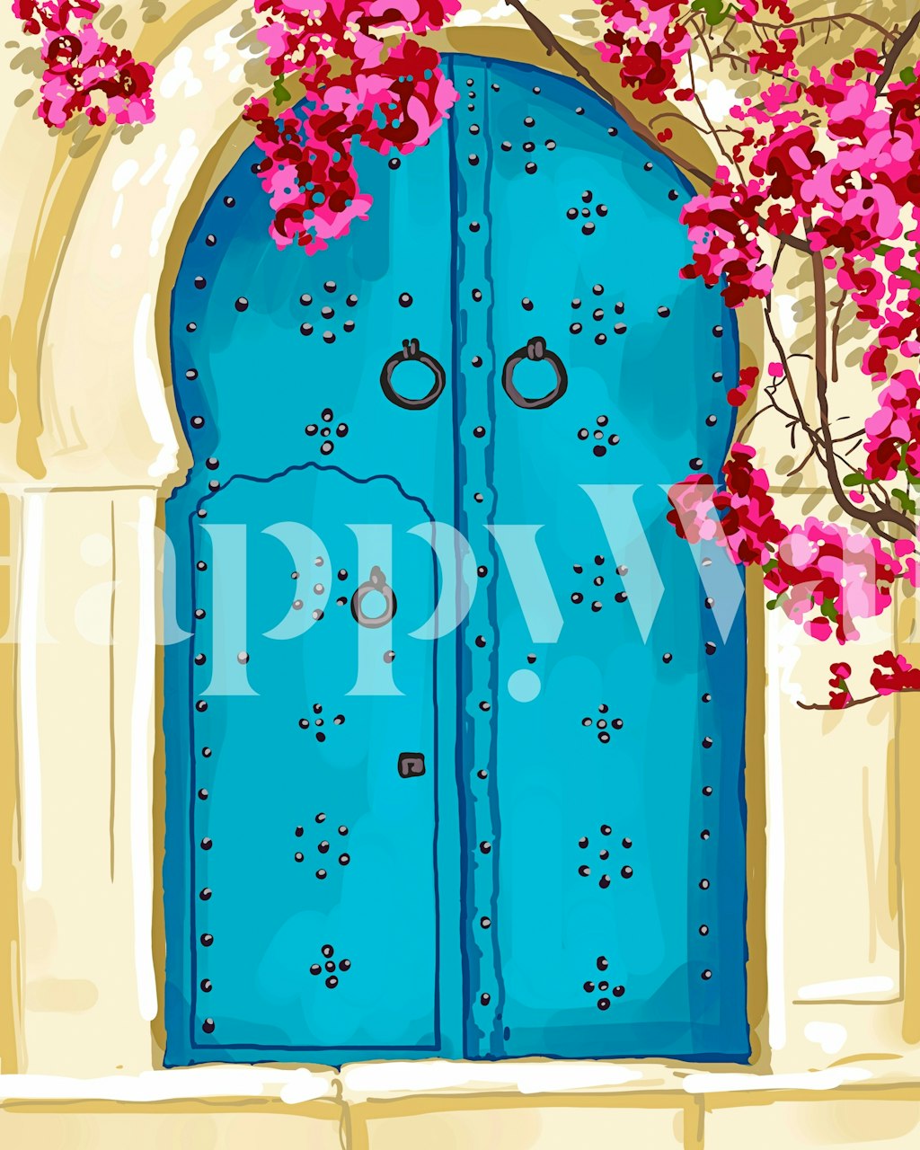 Palace Door -tapetti sinisellä ovella ja kukilla