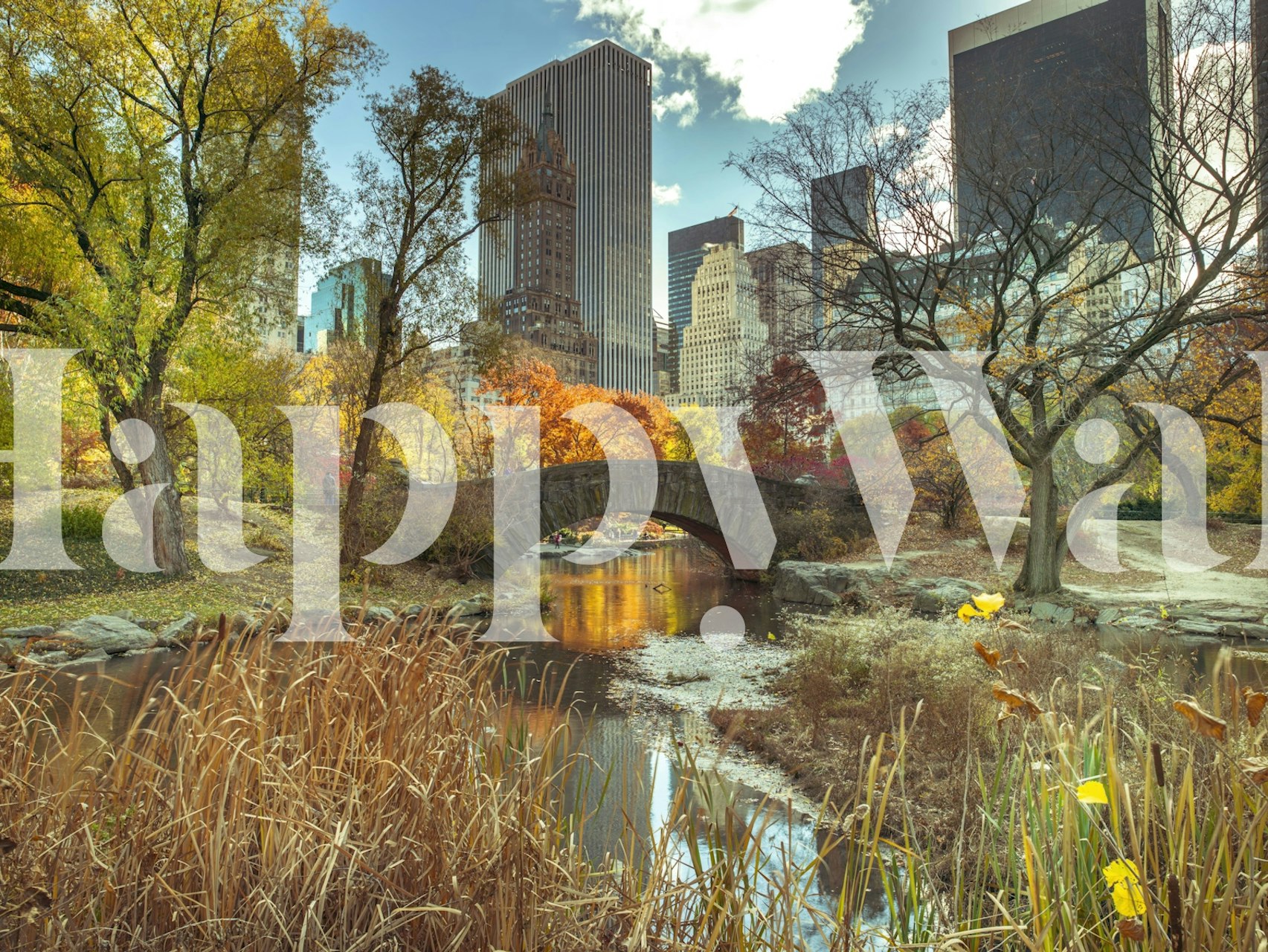 Autumn landscape with city skyline, orange and yellow foliage wallpaper