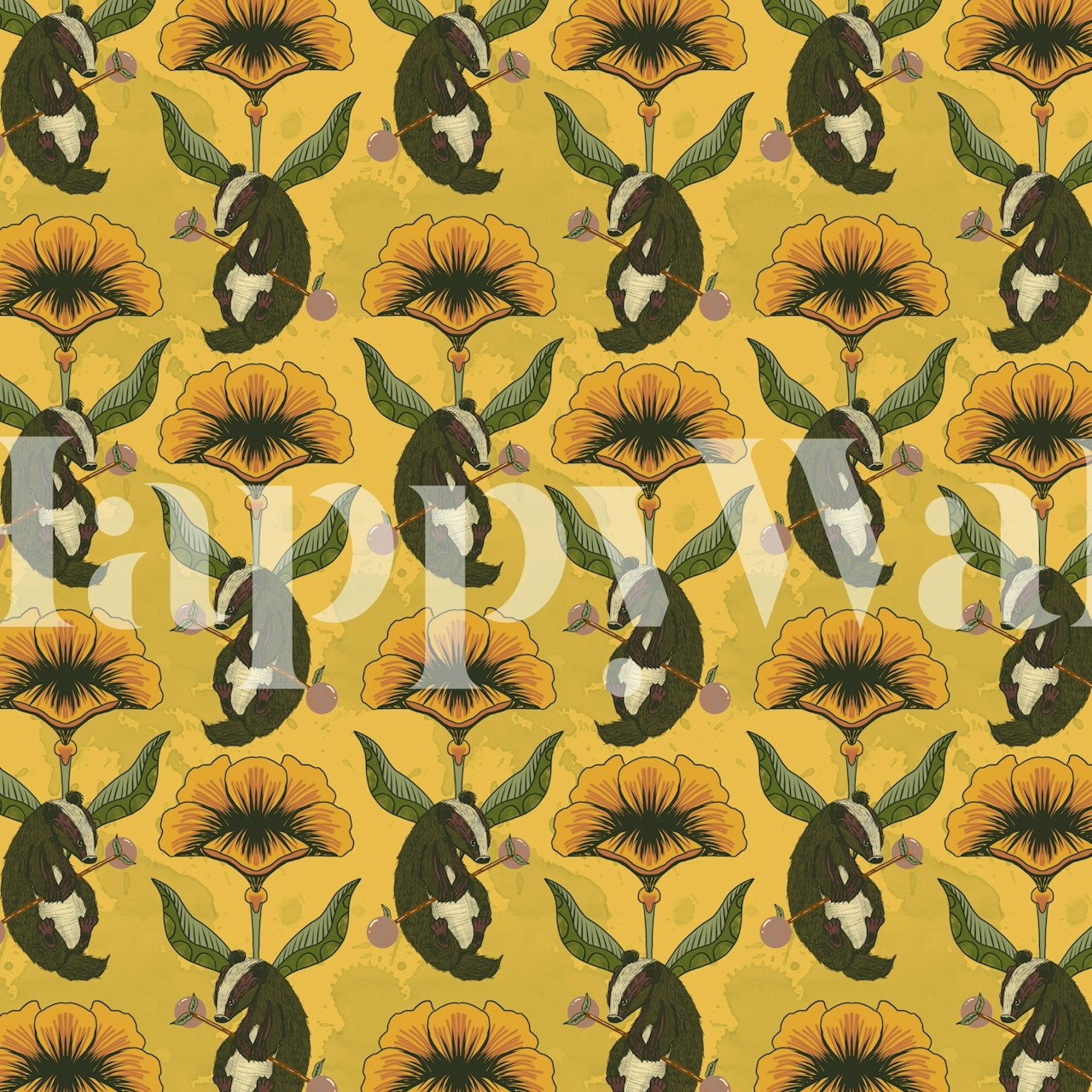 Floral and rabbit design in yellow wallpaper