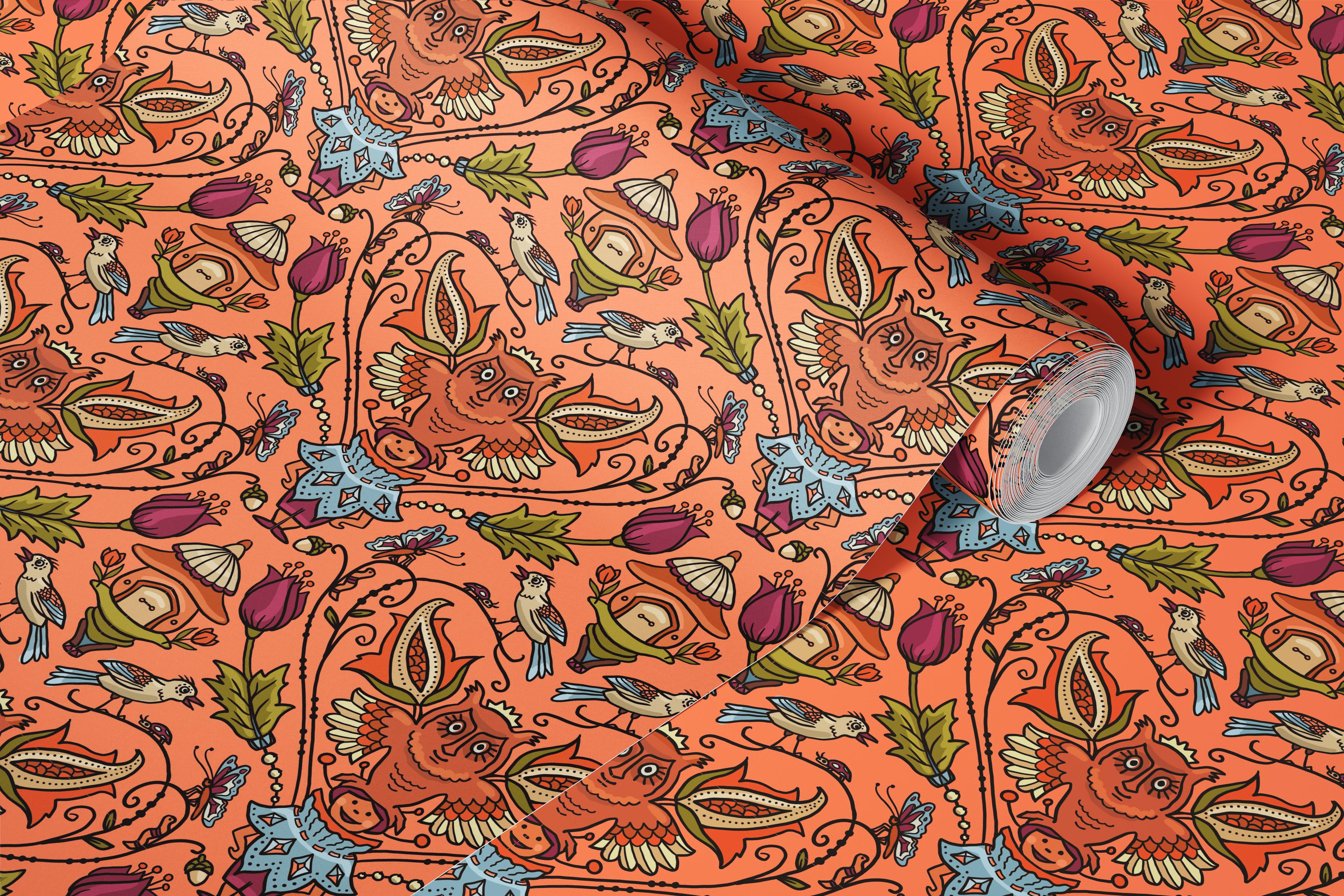 Whimsical woodland design featuring birds and flowers in warm tones wallpaper