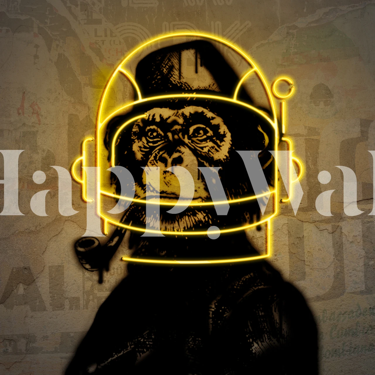 Neon monkey in astronaut helmet design on textured background wallpaper