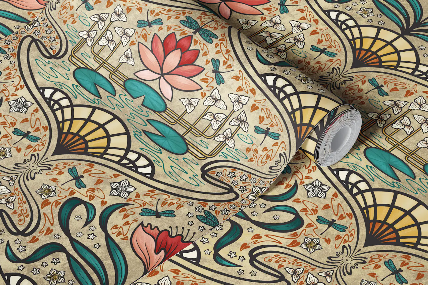Elegant Lotus and Dragonflies wallpaper roll