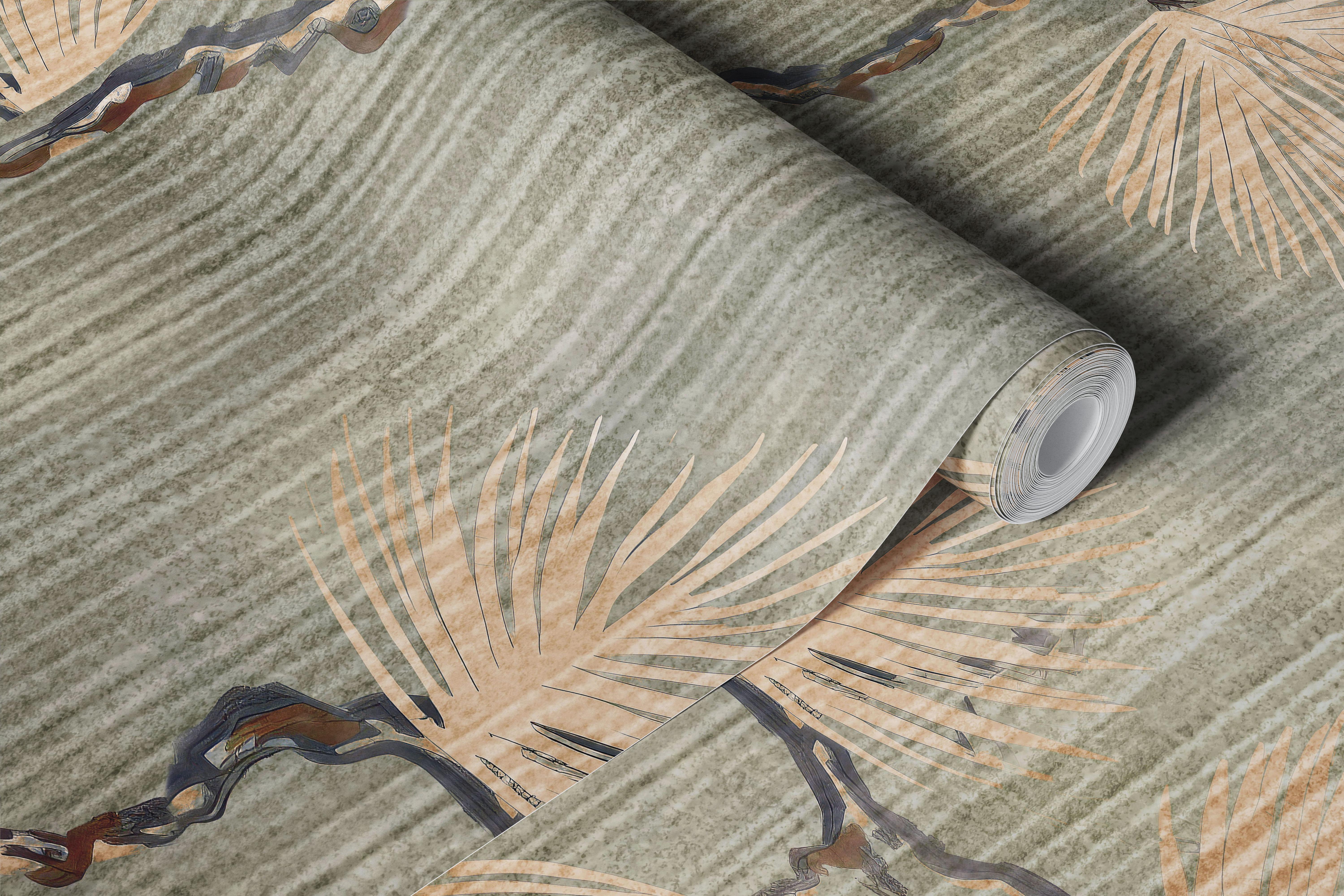 Botanical leaves in soft green and beige tones wallpaper