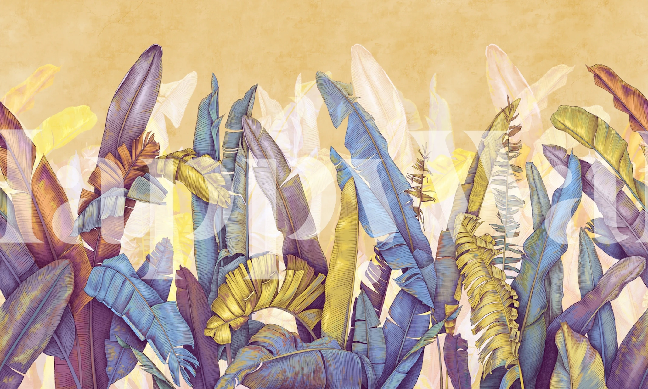 Tropical leaves in blue and yellow hues on beige background wallpaper