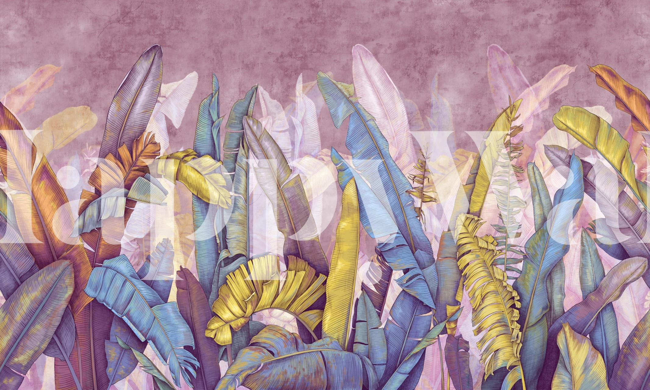 Tropical leaves in vibrant colors against a pink background wallpaper