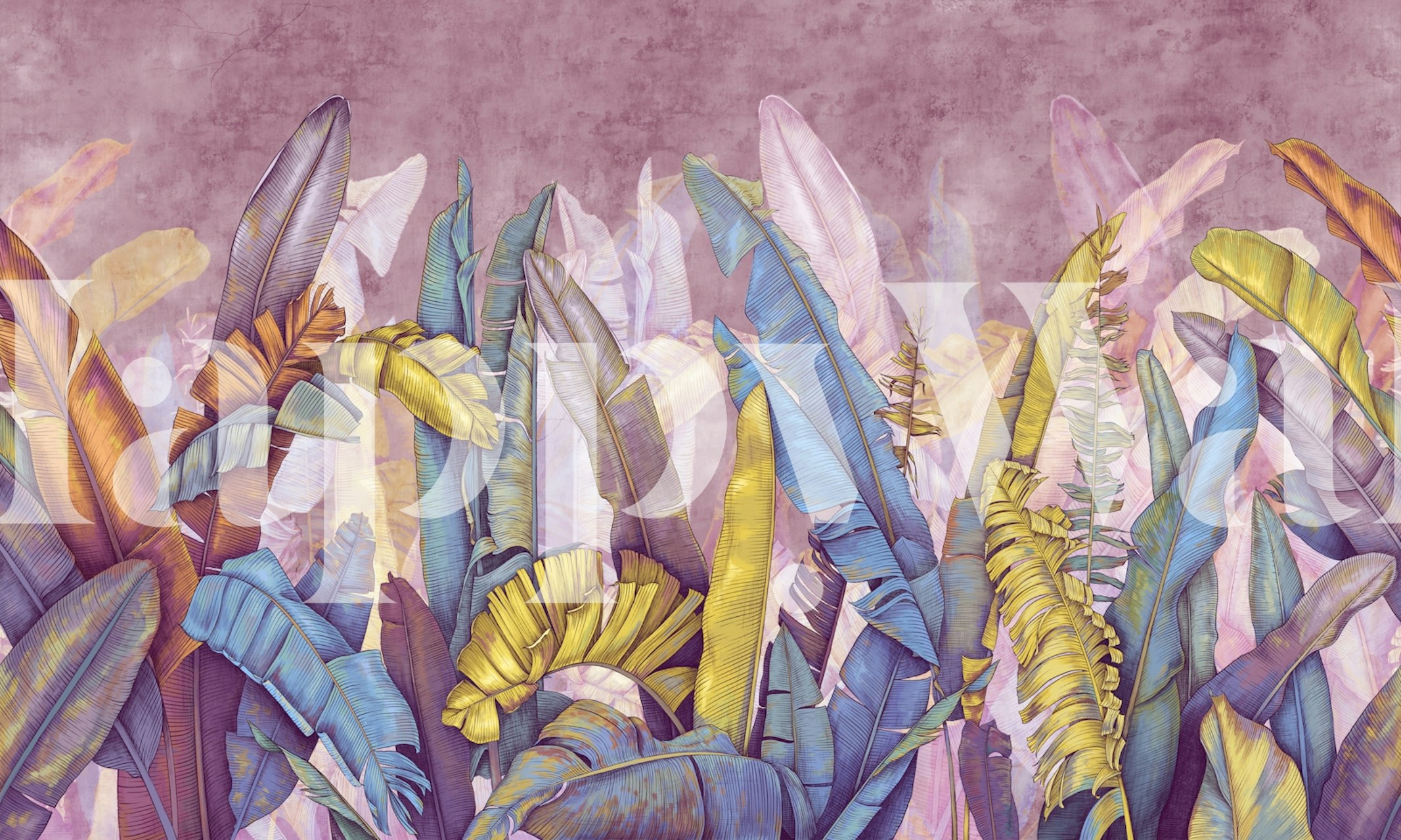 Tropical leaves in vibrant colors against a pink background wallpaper