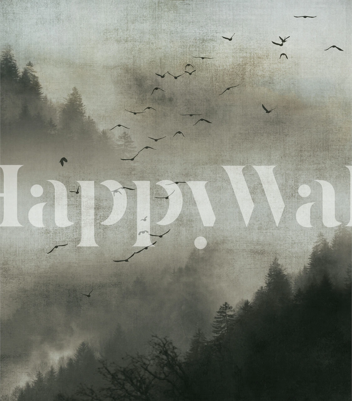 Foggy forest landscape with flying birds wallpaper