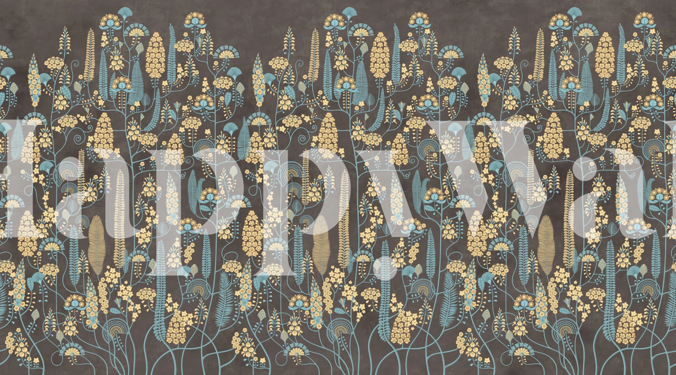 Floral ethnic wallpaper featuring turquoise and yellow flowers on a dark background.