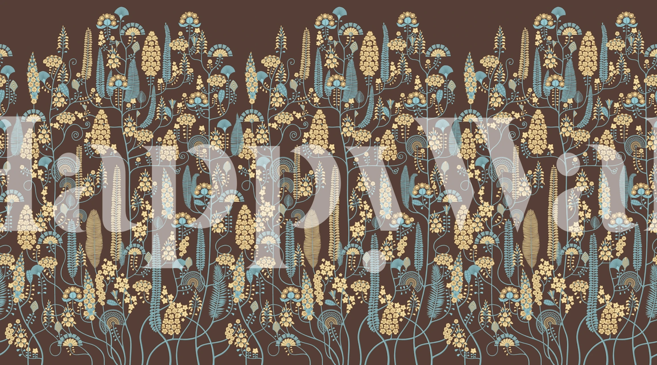 Floral pattern wallpaper with blue and cream flowers on brown background
