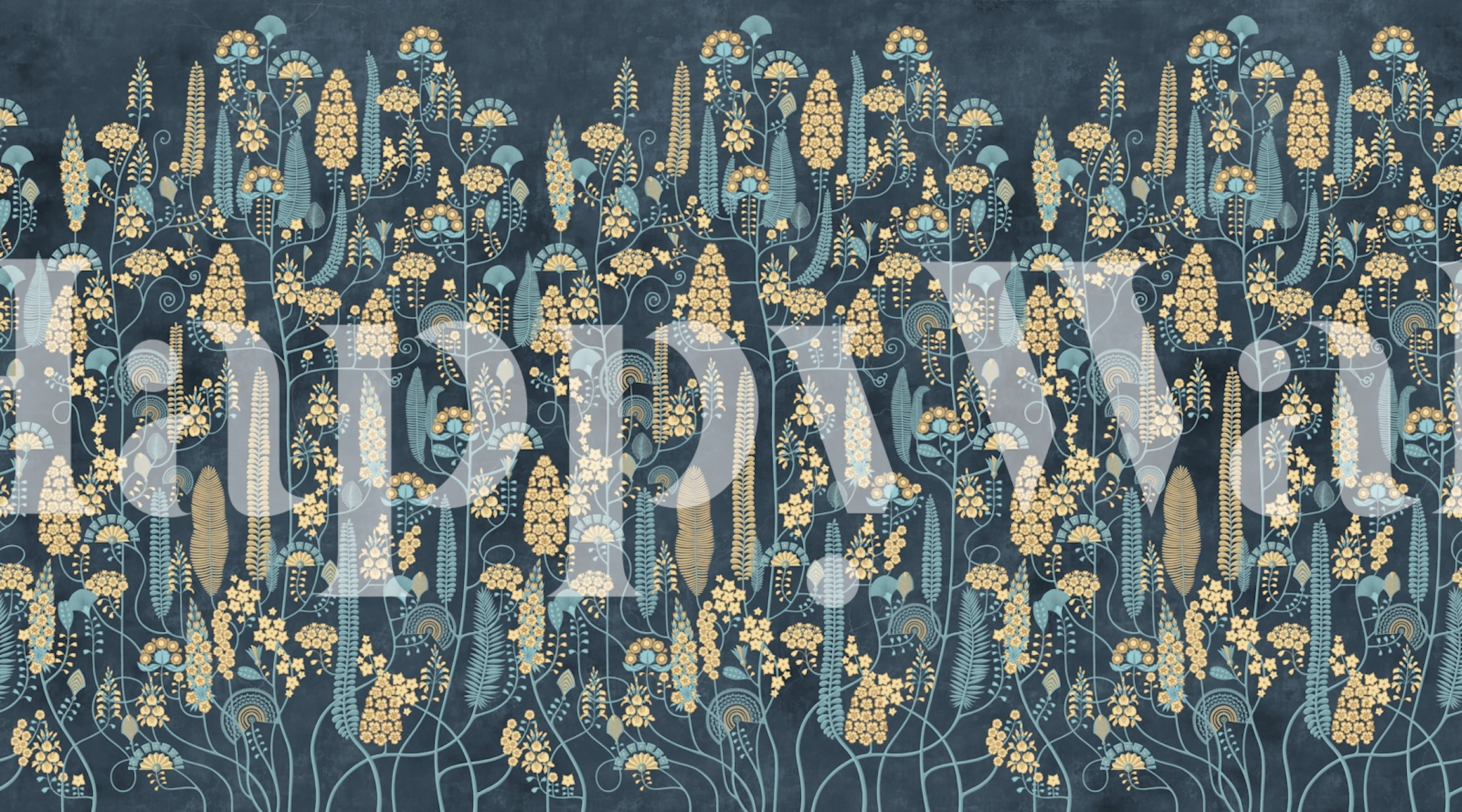 Floral designs in gold and blue on navy background wallpaper
