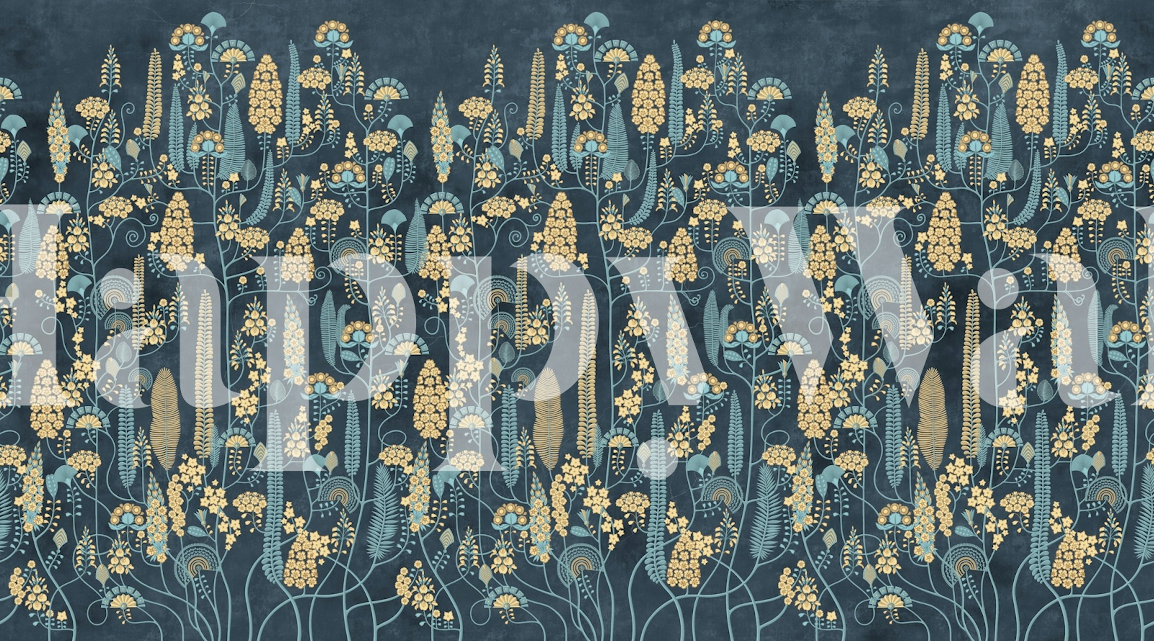 Floral designs in gold and blue on navy background wallpaper