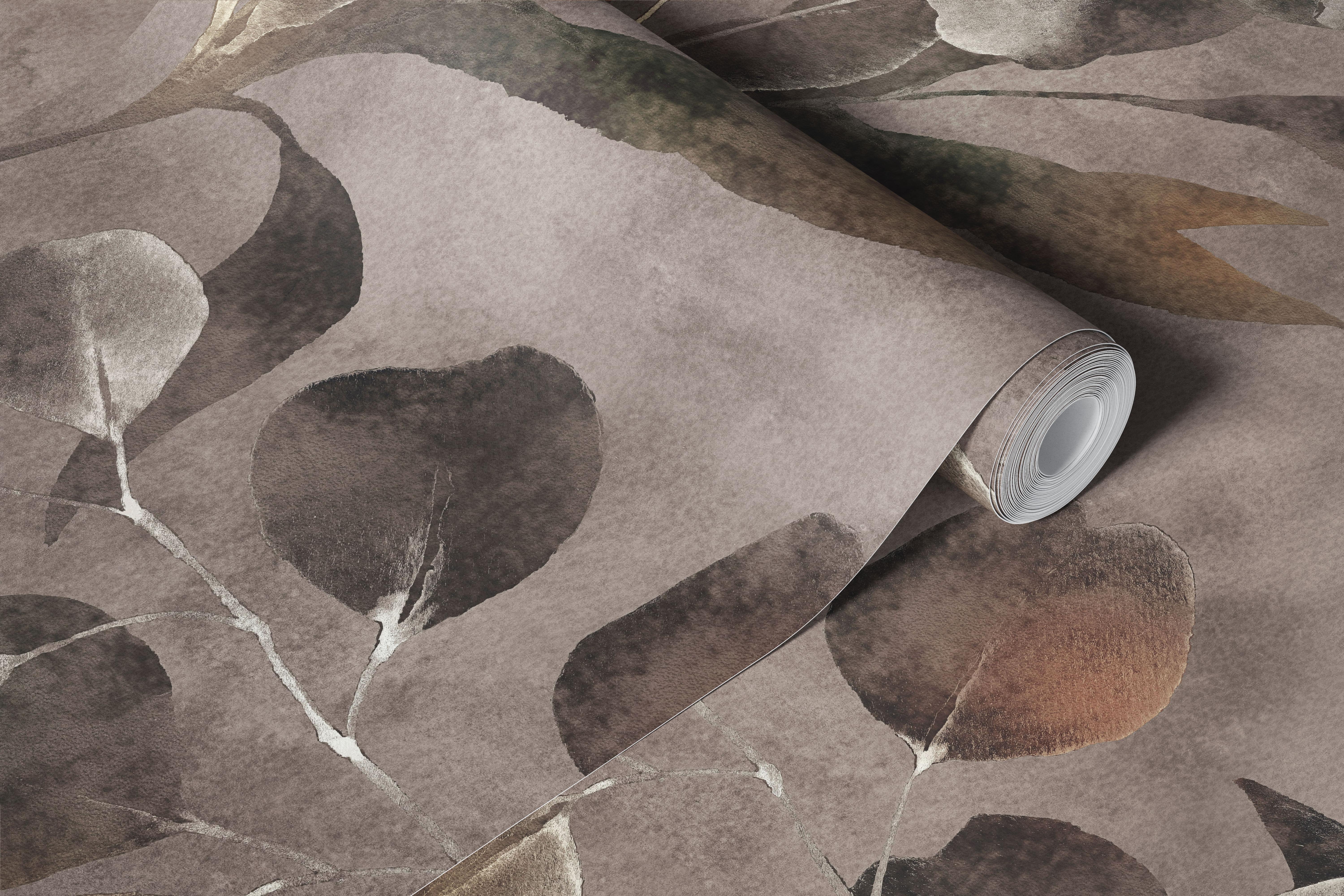 Muted green and brown botanical leaf pattern wallpaper