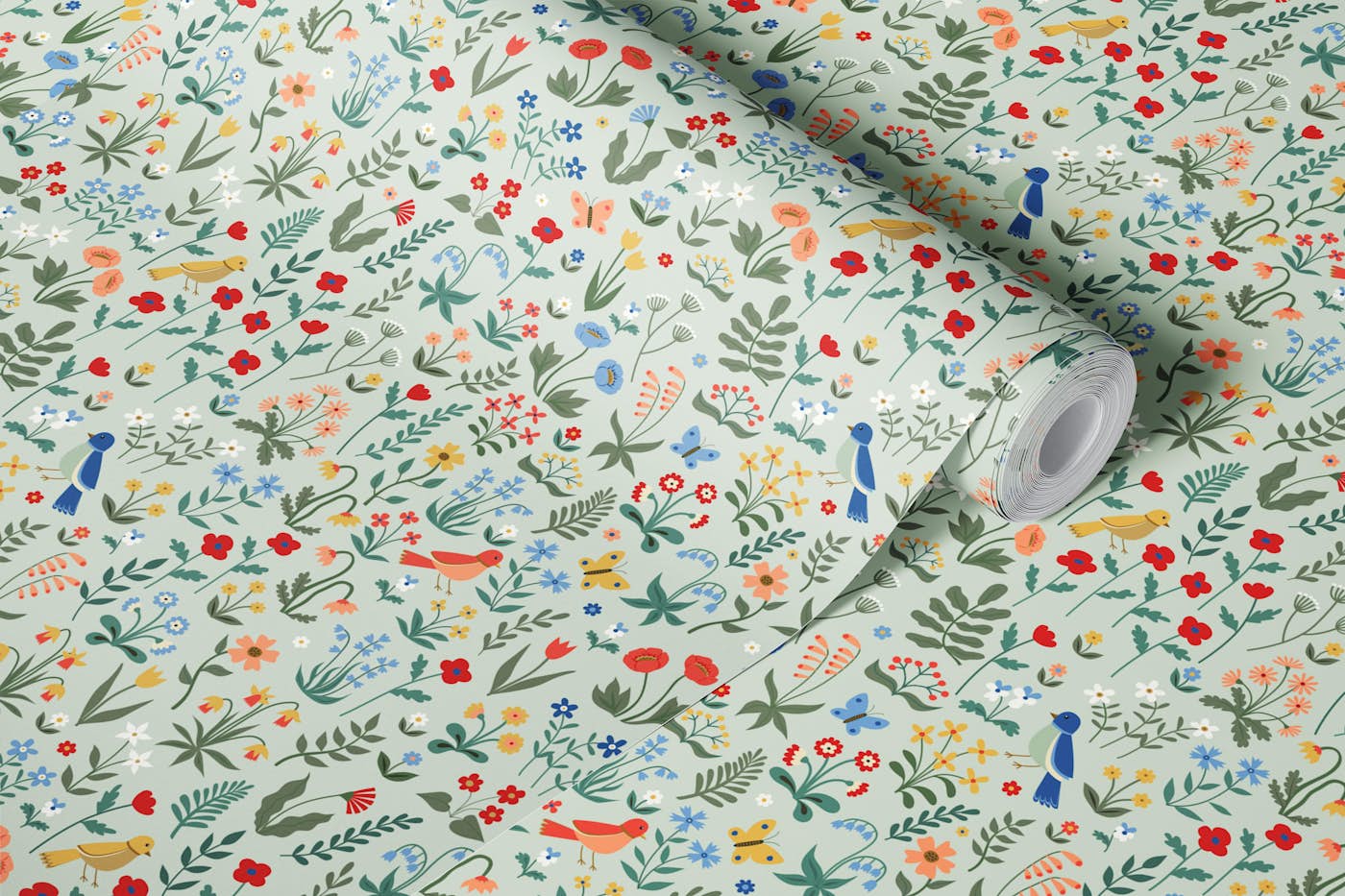 Medieval floral tapestry - light mint - small wallpaper roll