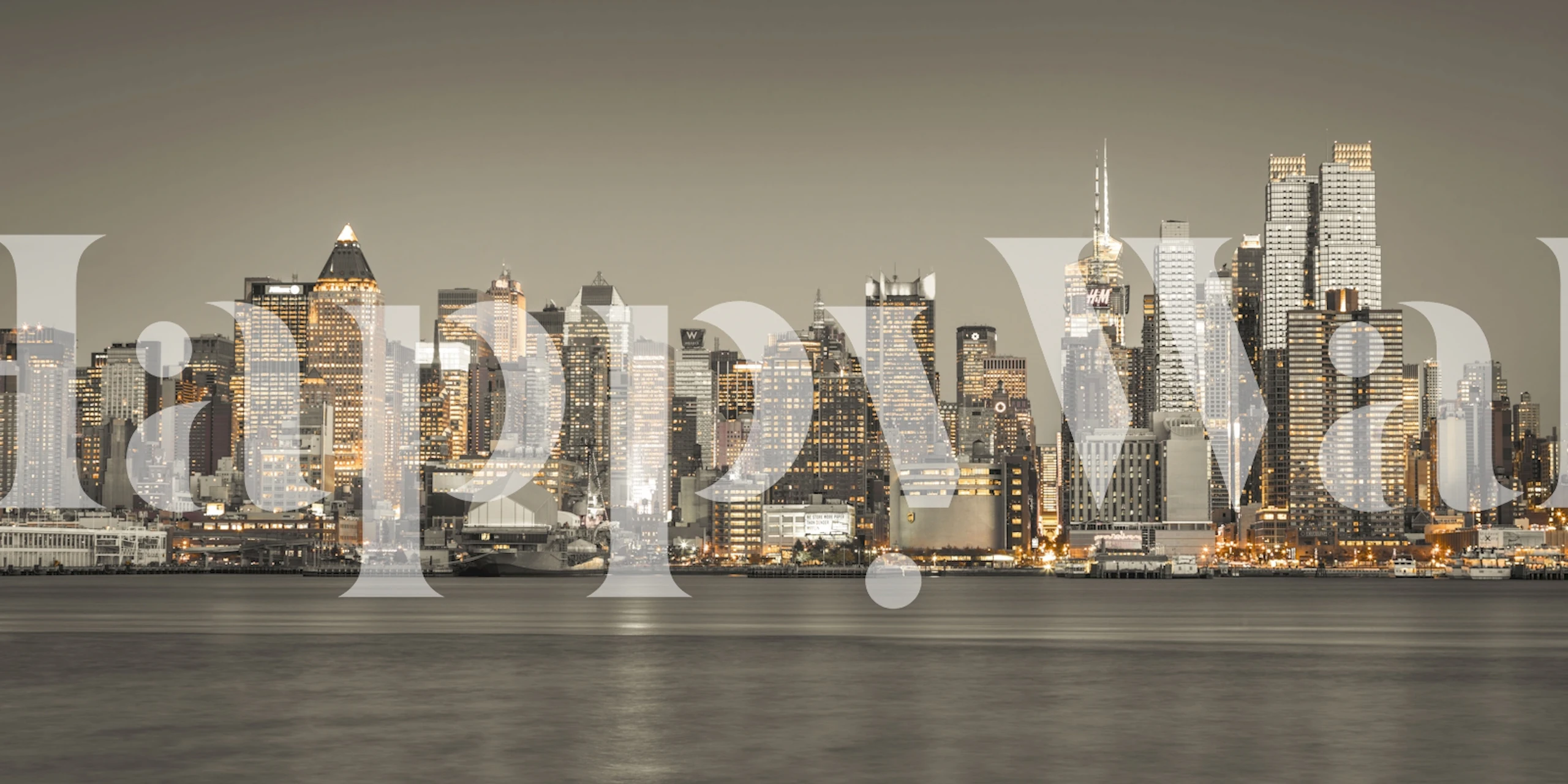 Black and white skyline wall mural featuring a cityscape at night