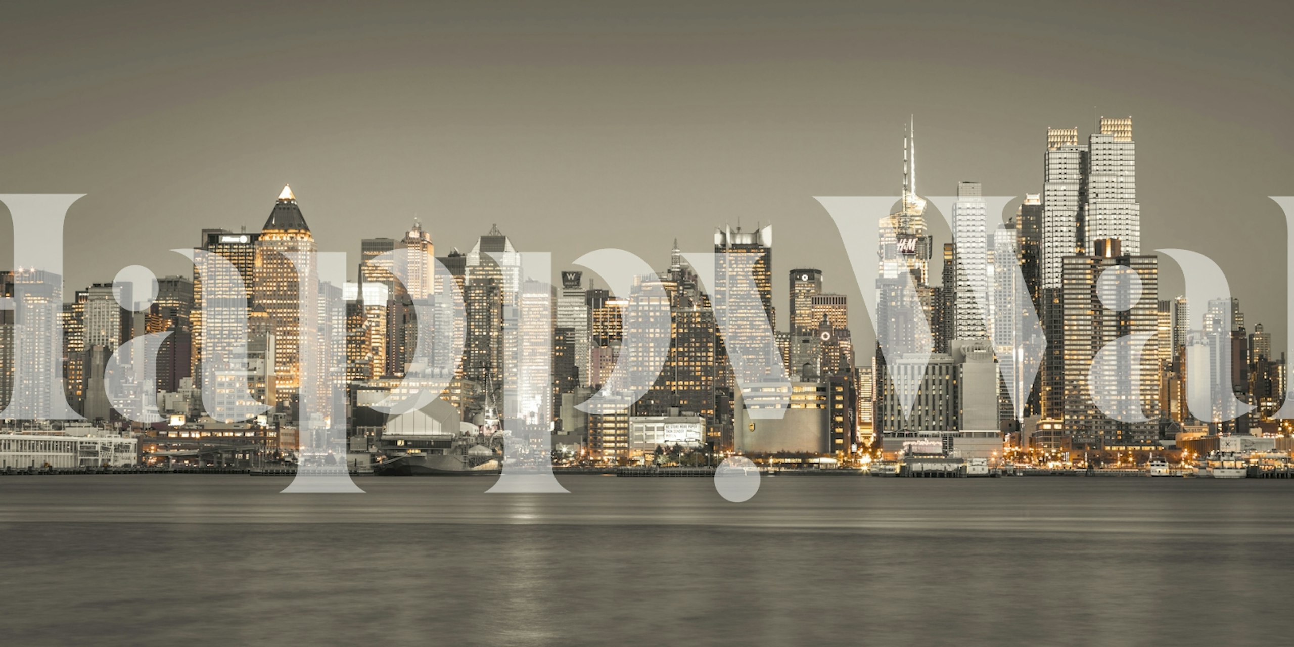 Black and white skyline wall mural featuring a cityscape at night