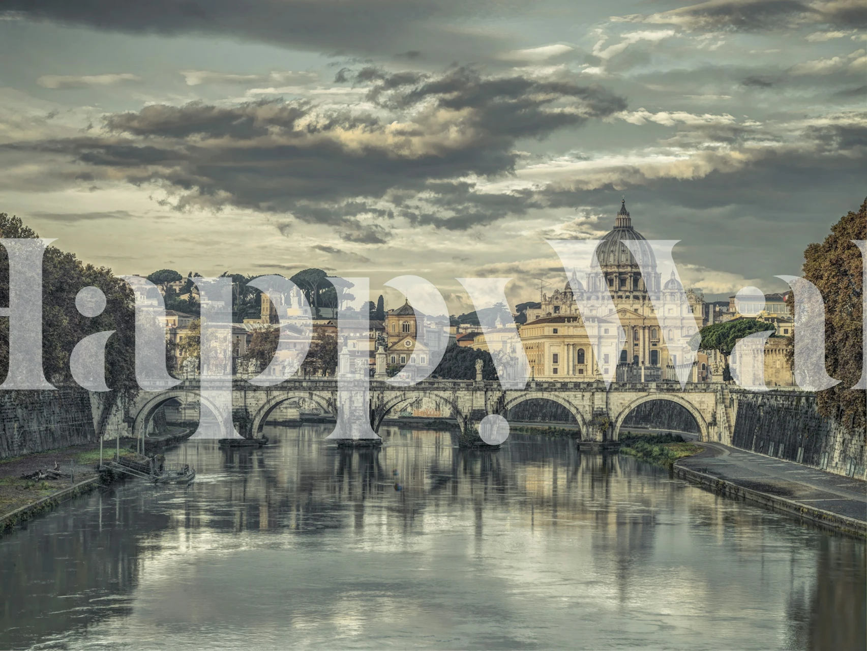 Classic Roman architecture with a bridge and dome colors grey and cream wallpaper