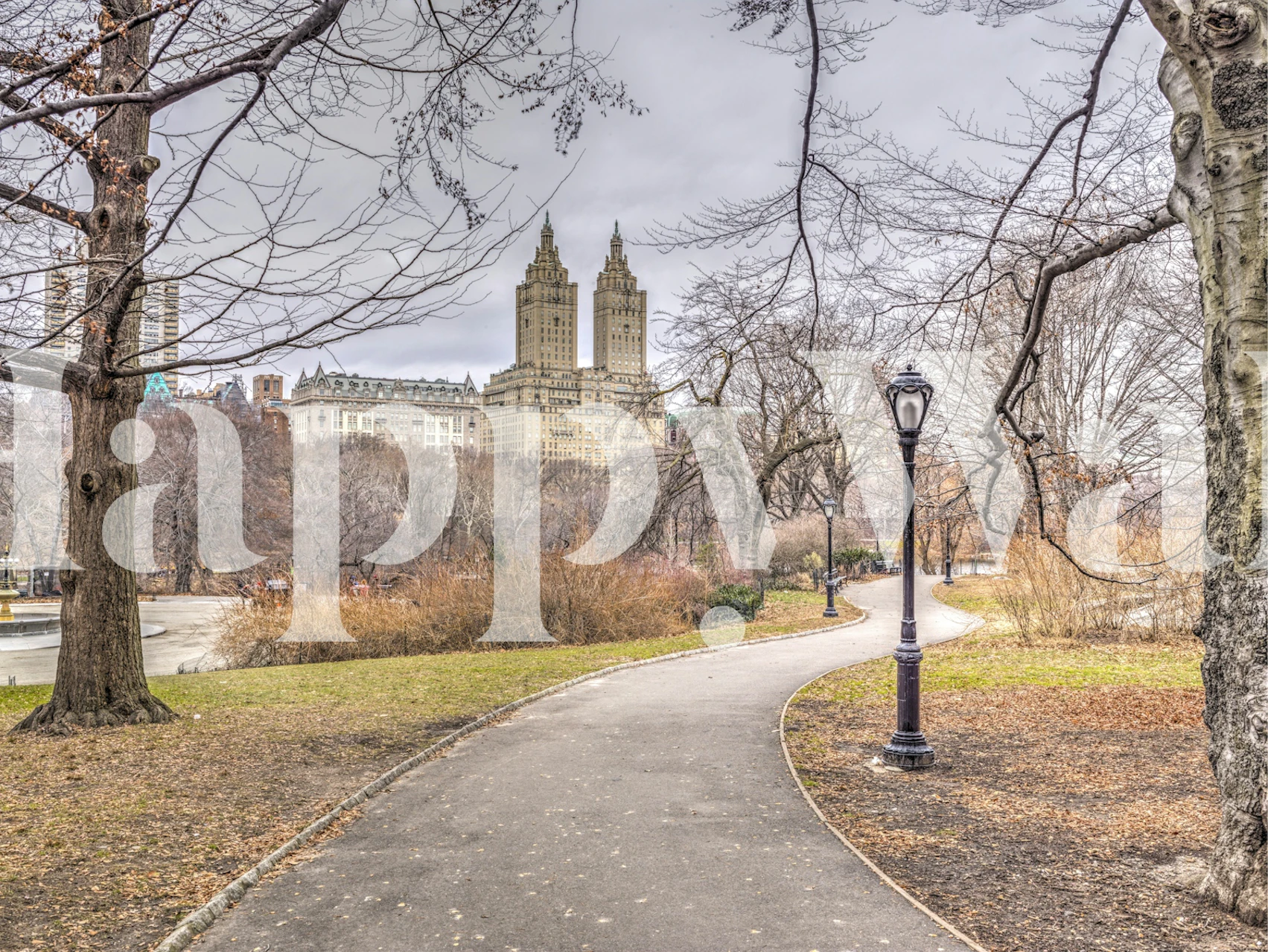 A serene winter landscape in Central Park with a path, bare trees, and a distant building. Wallpaper.