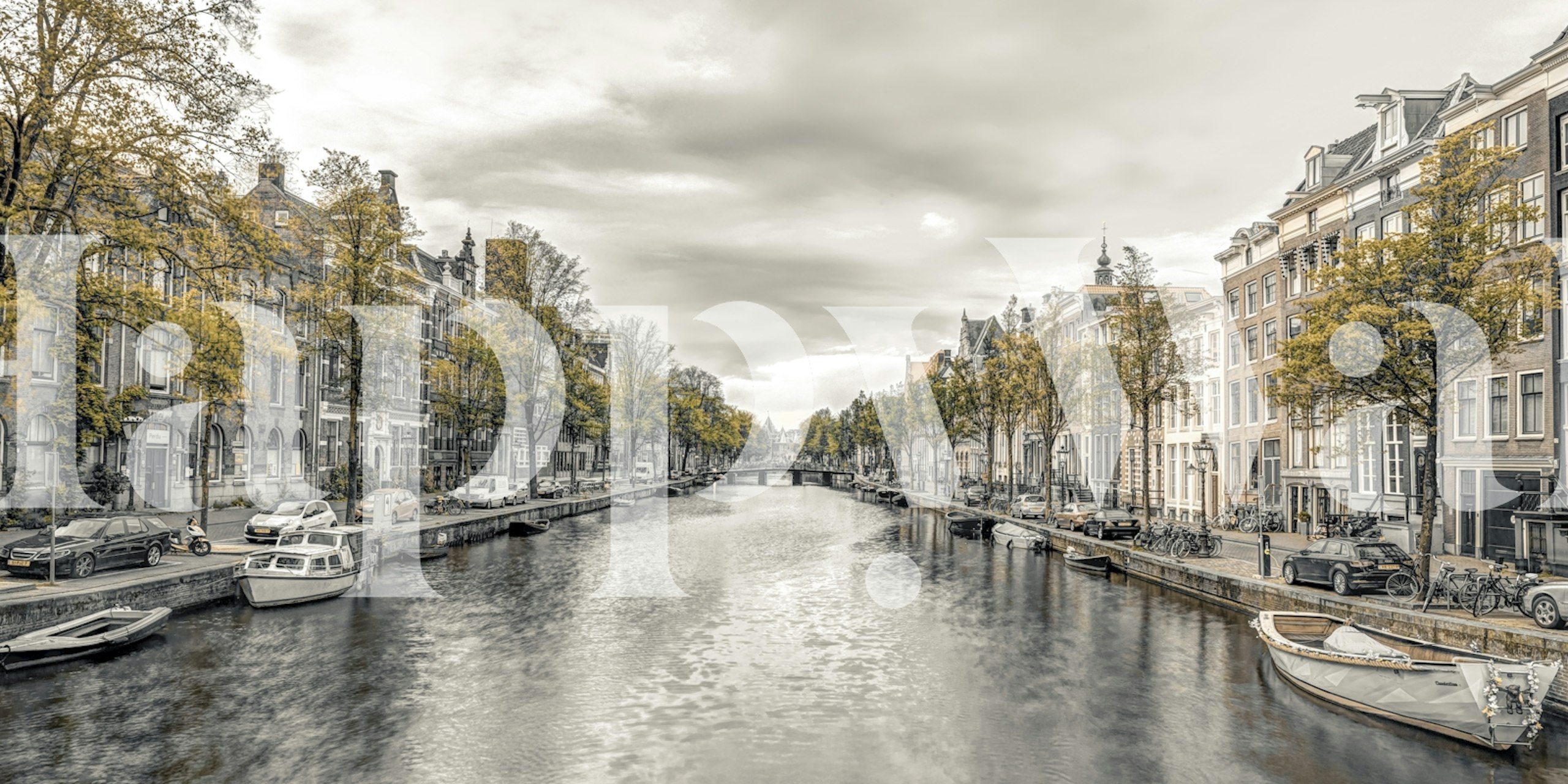 Black and white illustration of a canal in autumn with boats wallpaper